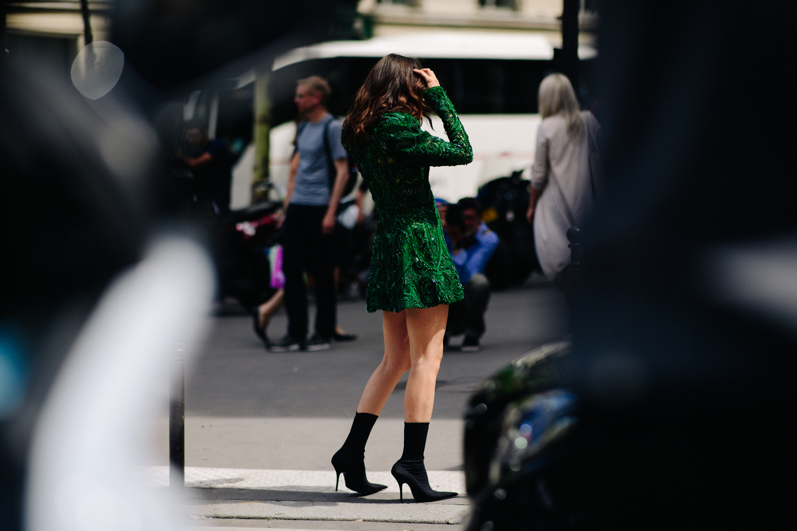 Woman wearing a green embroidered dress