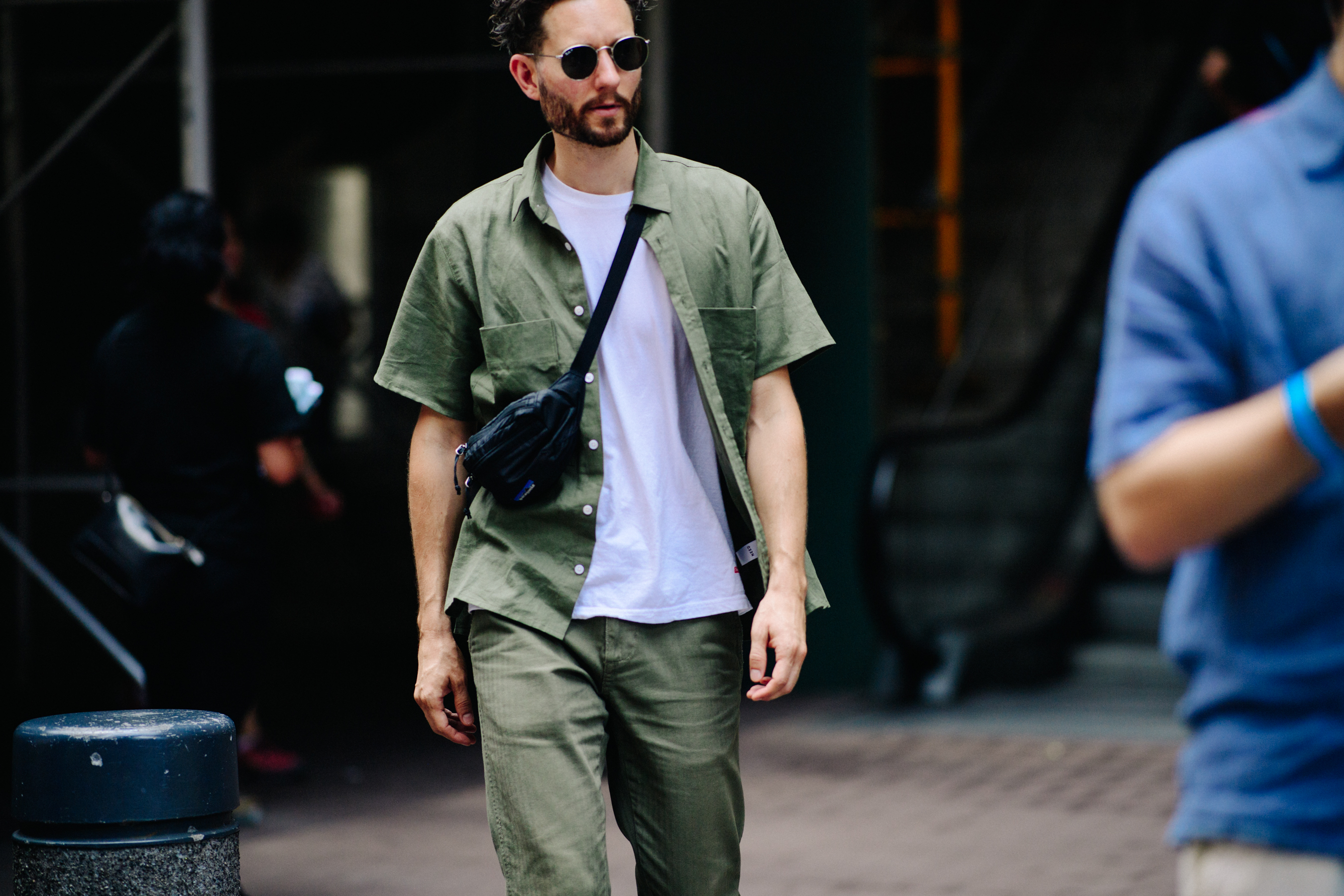 American blogger wearing green cotton suit