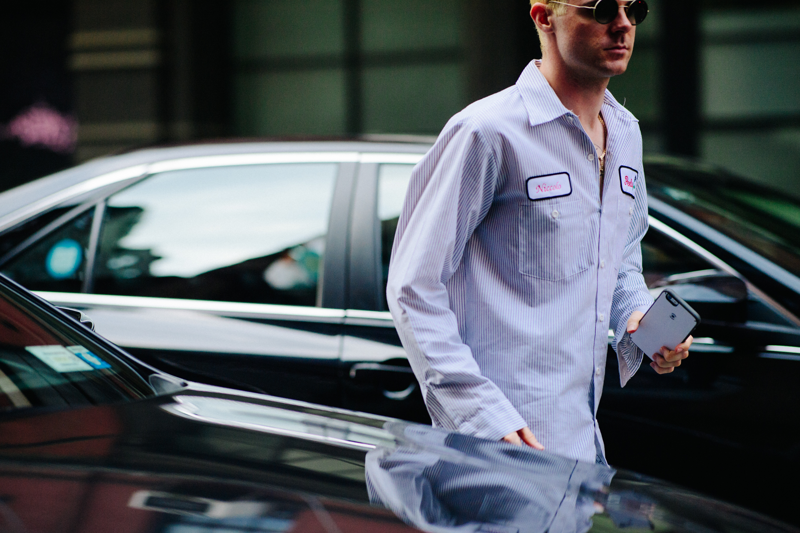 Highsnobiety editor wearing blue shirt