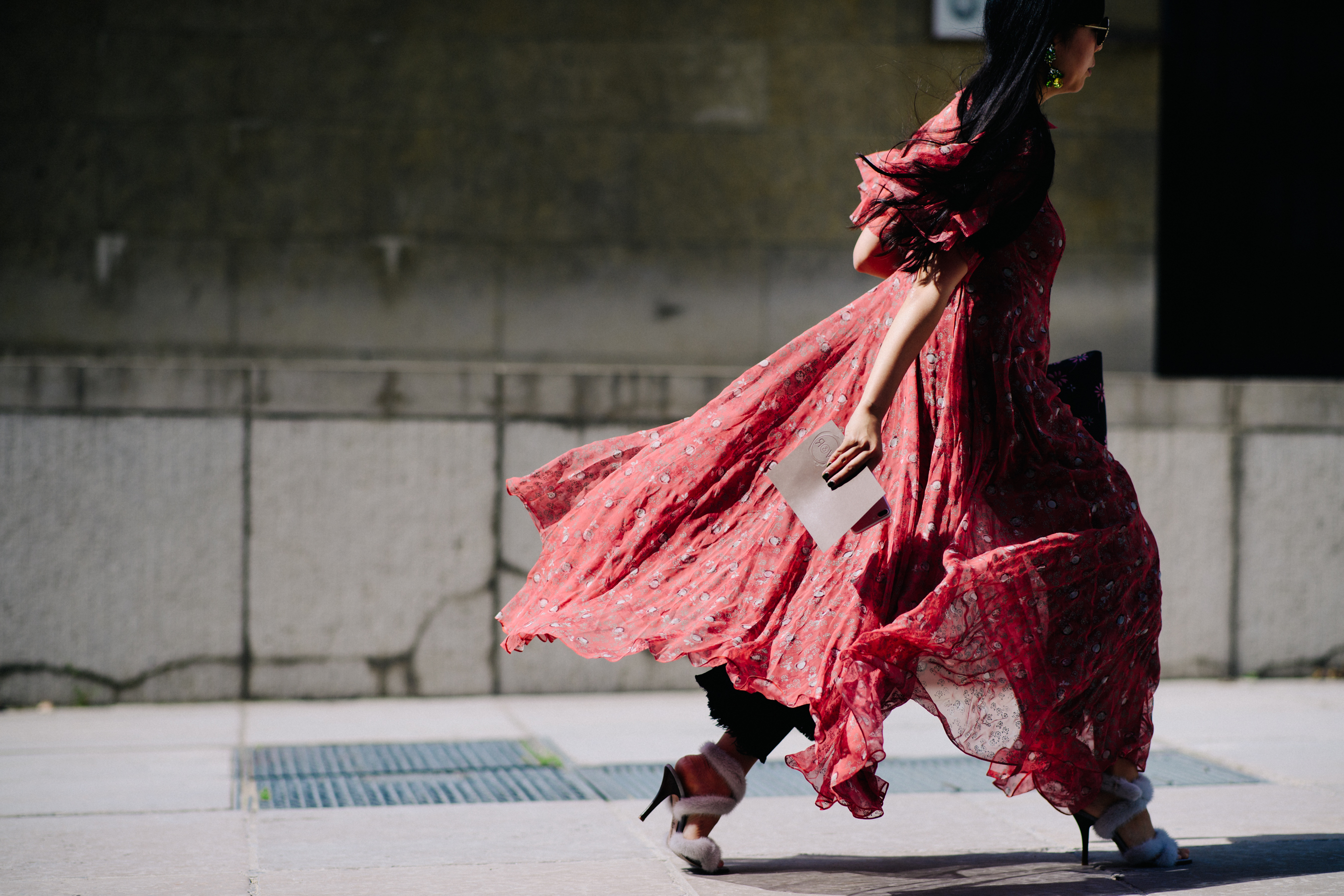 Woman wearing a long red dress