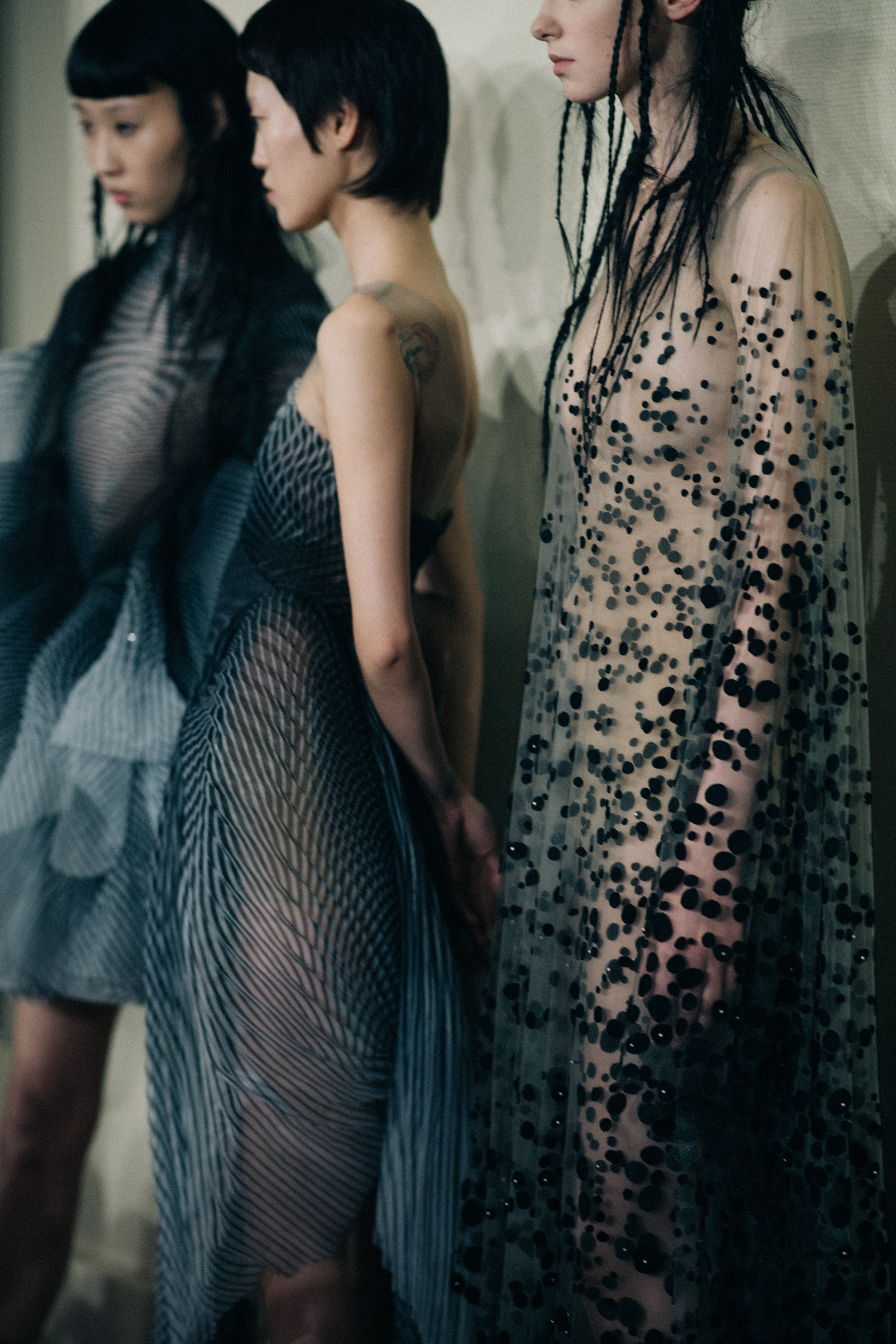 Models wearing beautiful sheer dresses