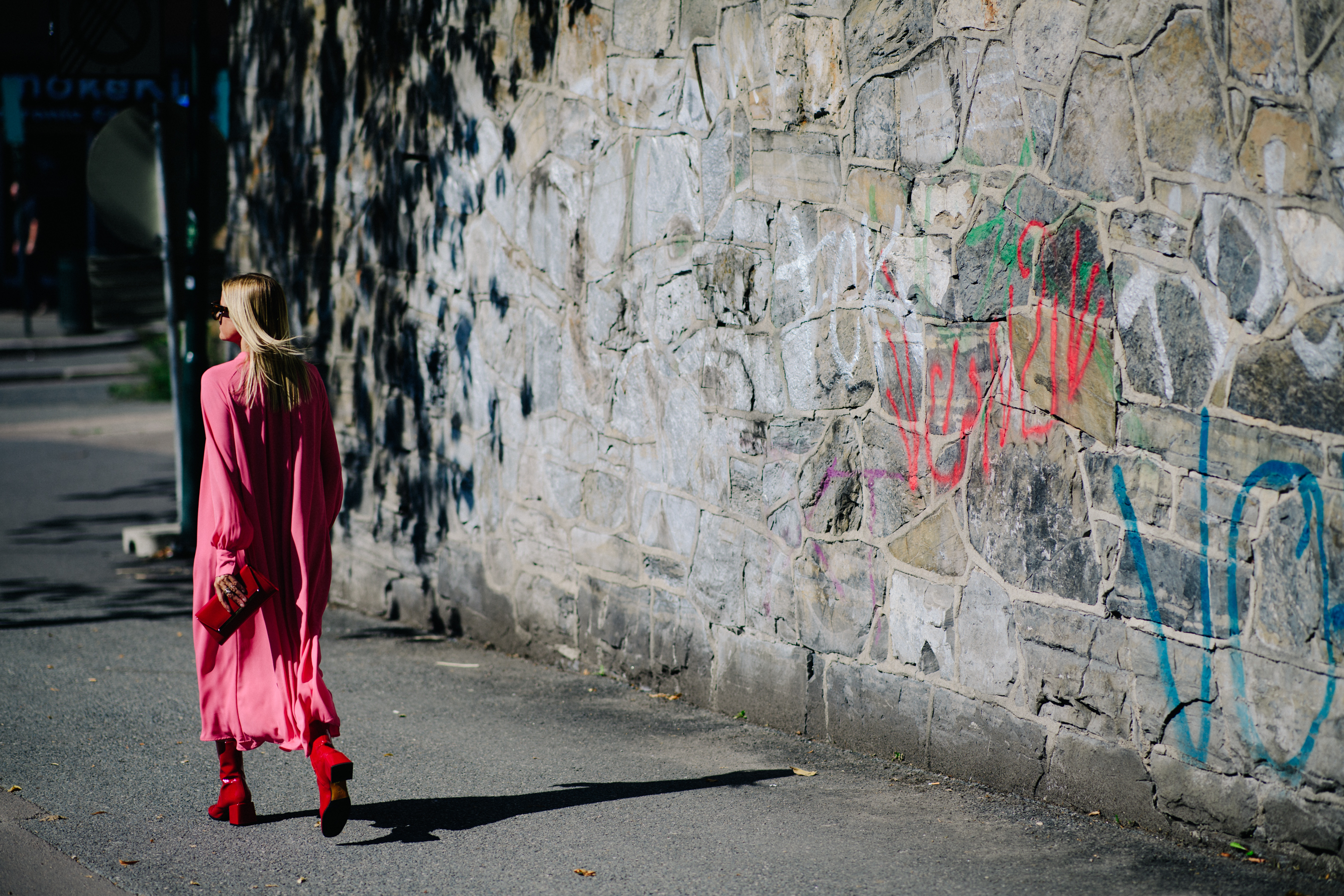 Blogger wearing long pink dress