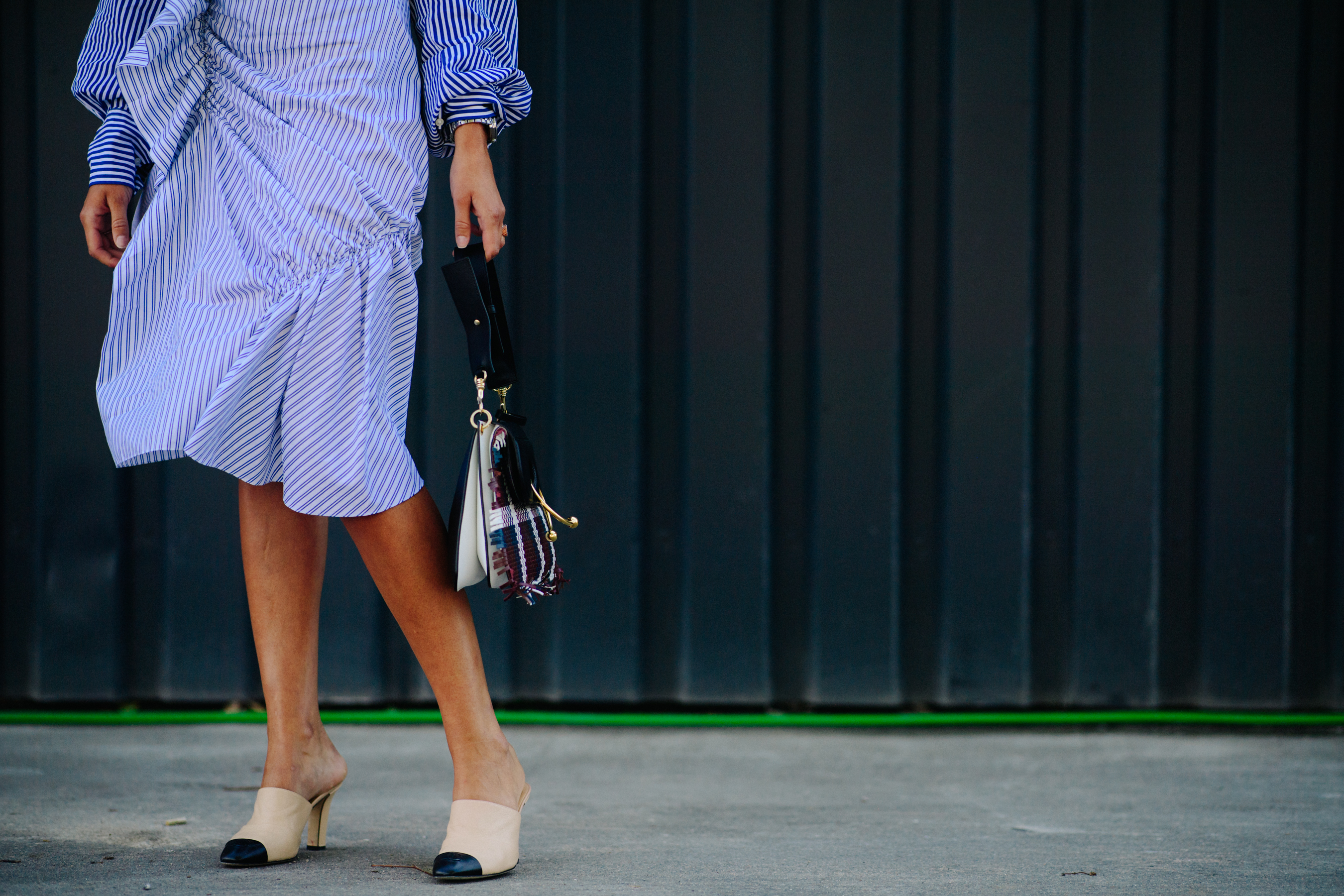 Blogger wearing blue skirt and shirt