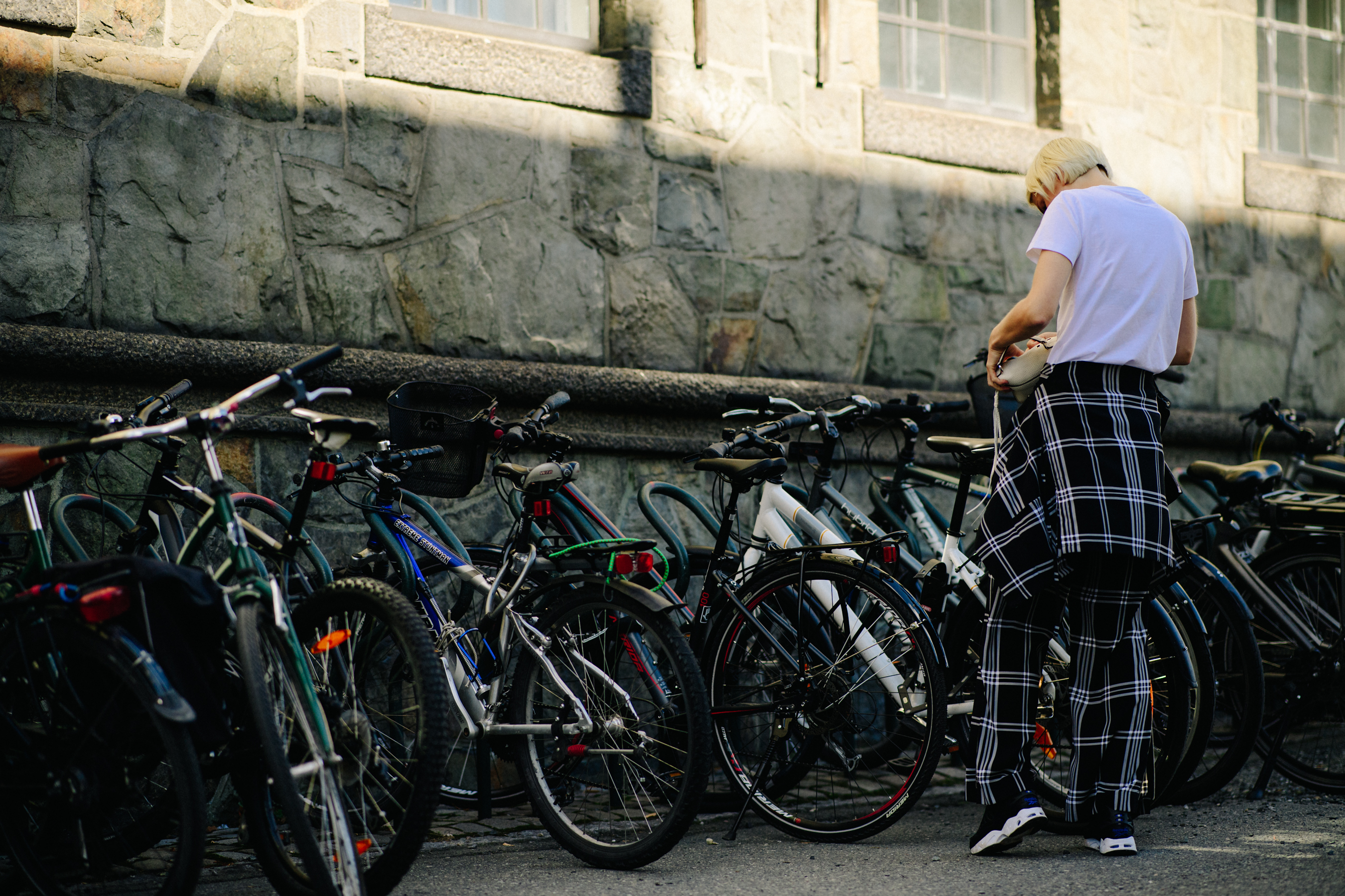 Woman wearing tartan print suit