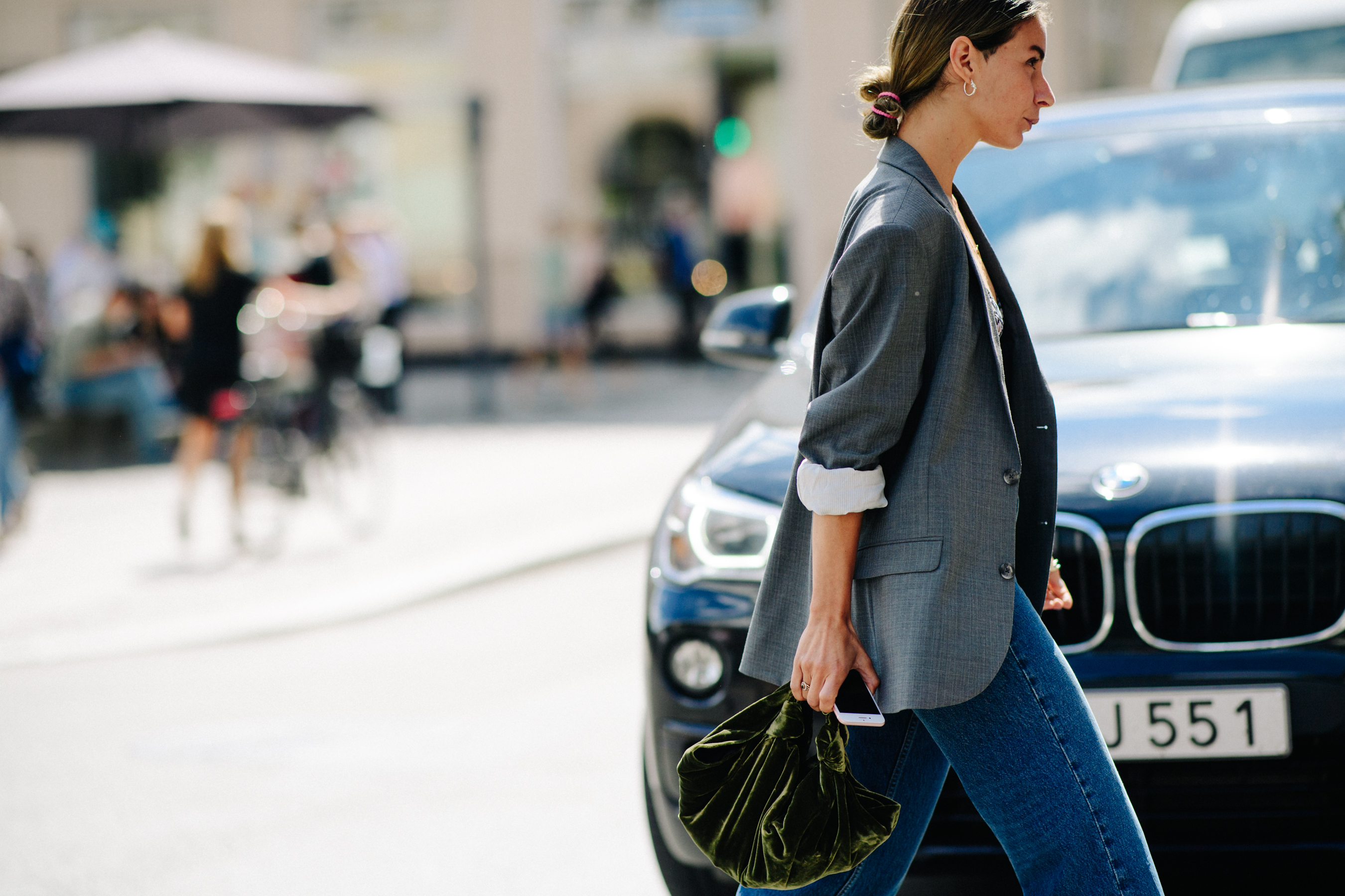 Norwegian blogger wearing blazer and velvet bag