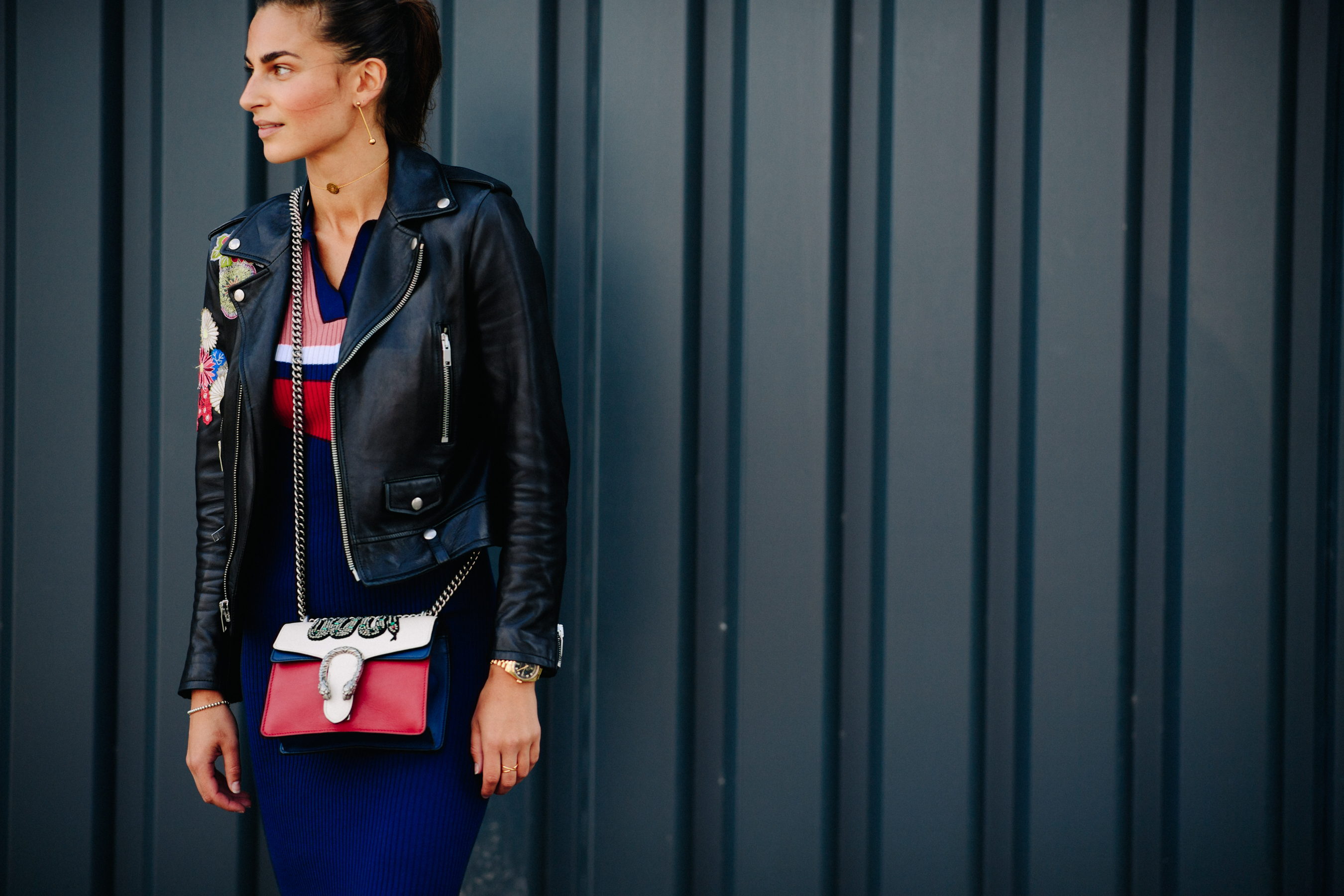Woman wearing black leather jacket