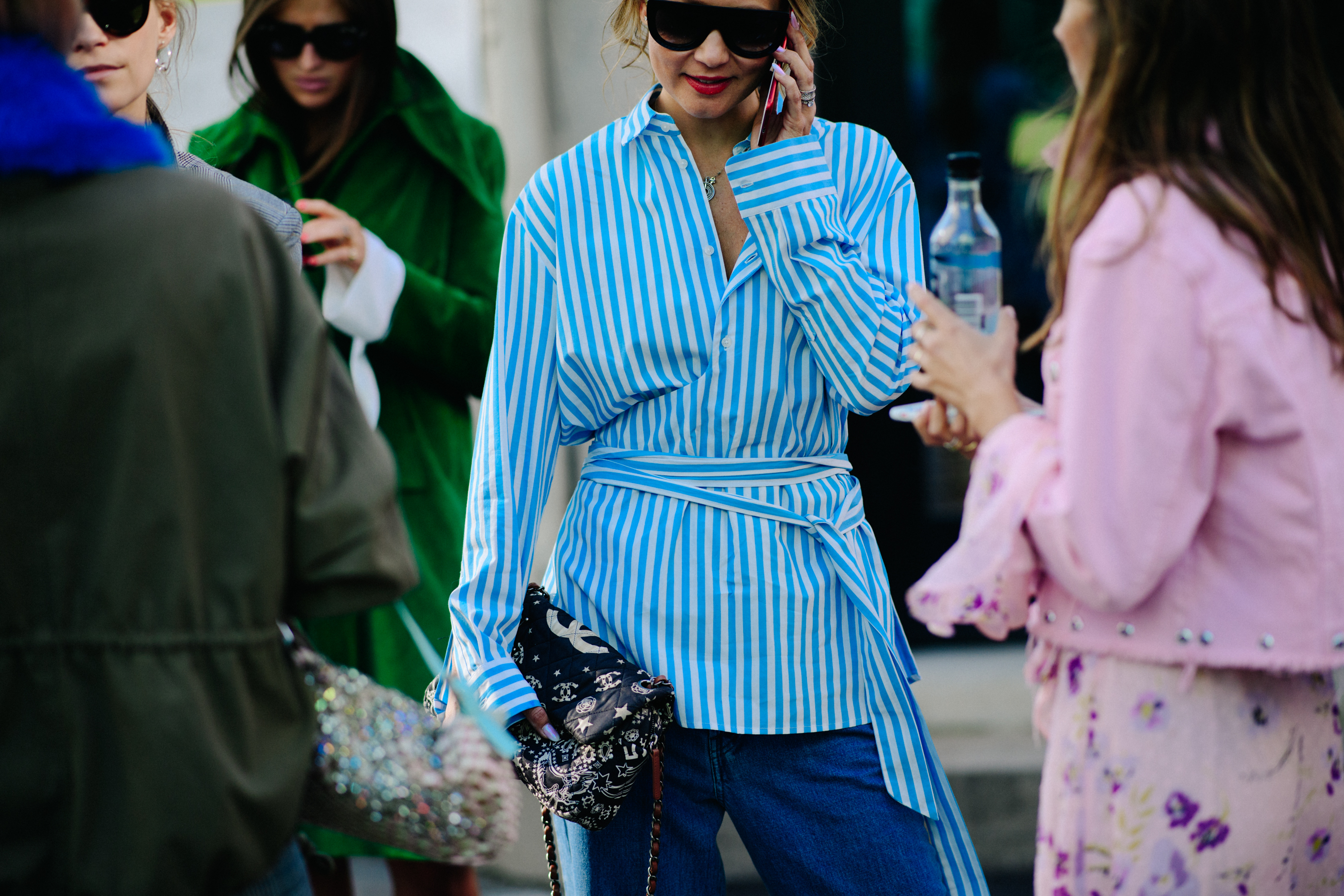 Woman wearing blue cotton shirt