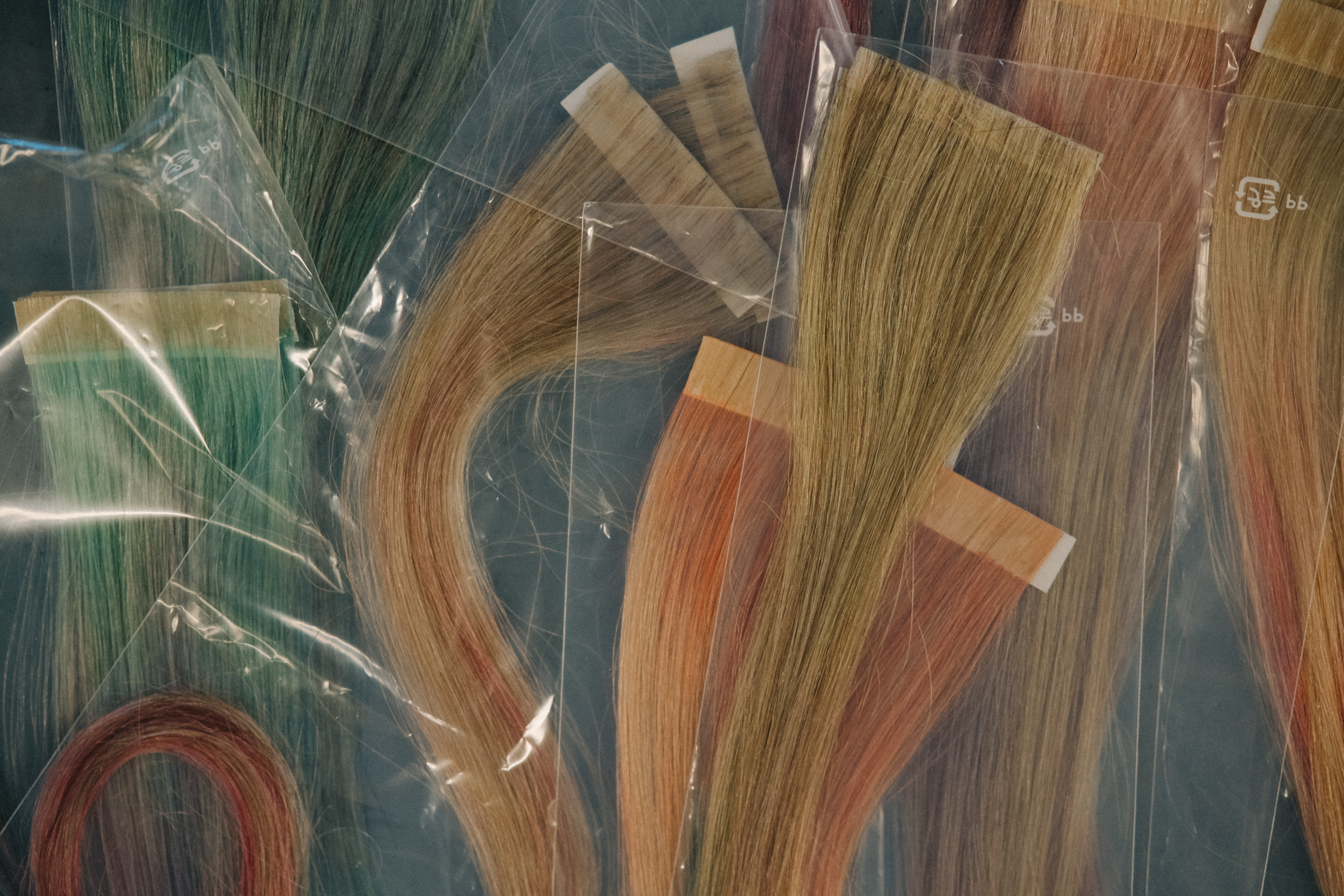 Locks of fake hair on the table