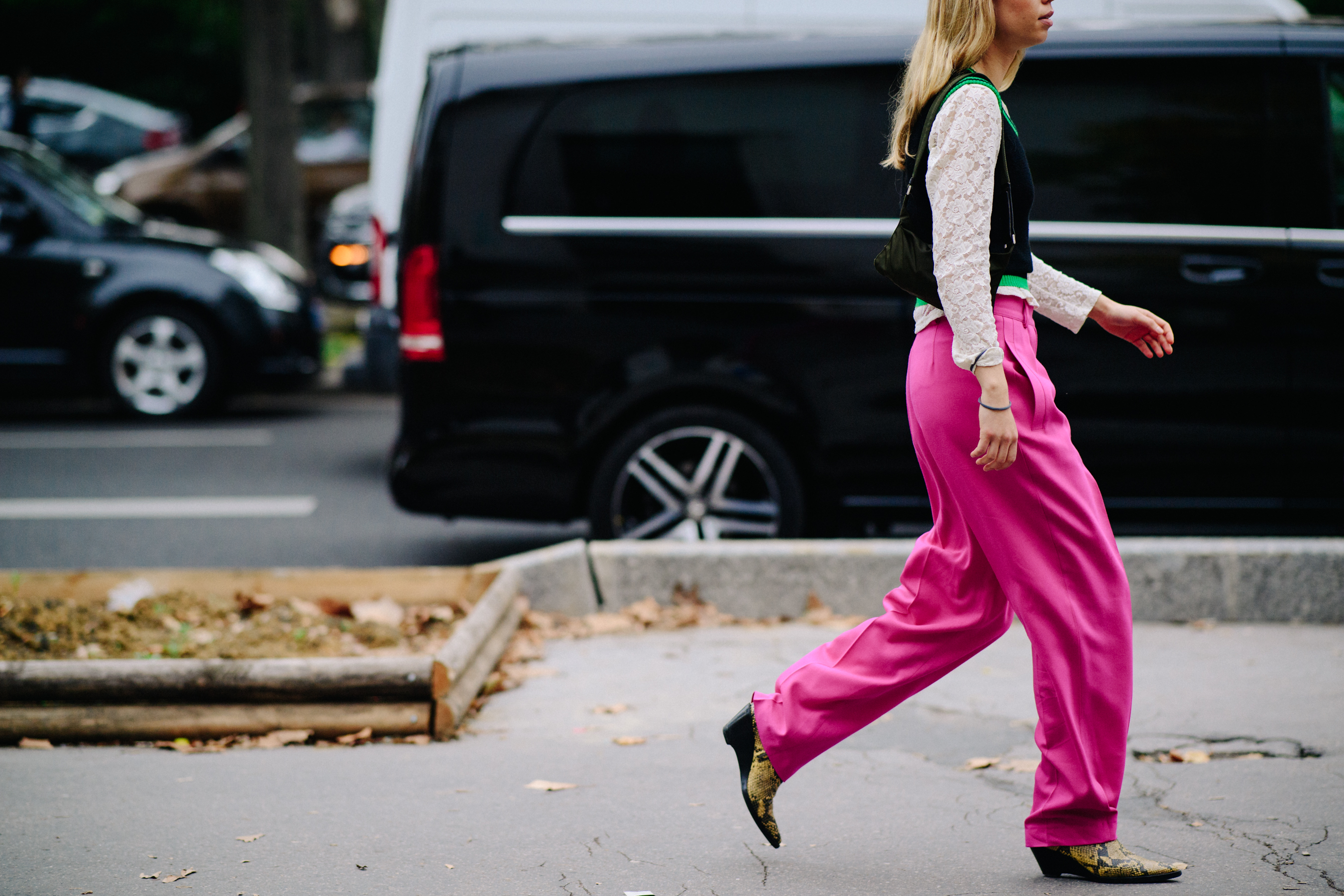 Woman wearing pink trousers