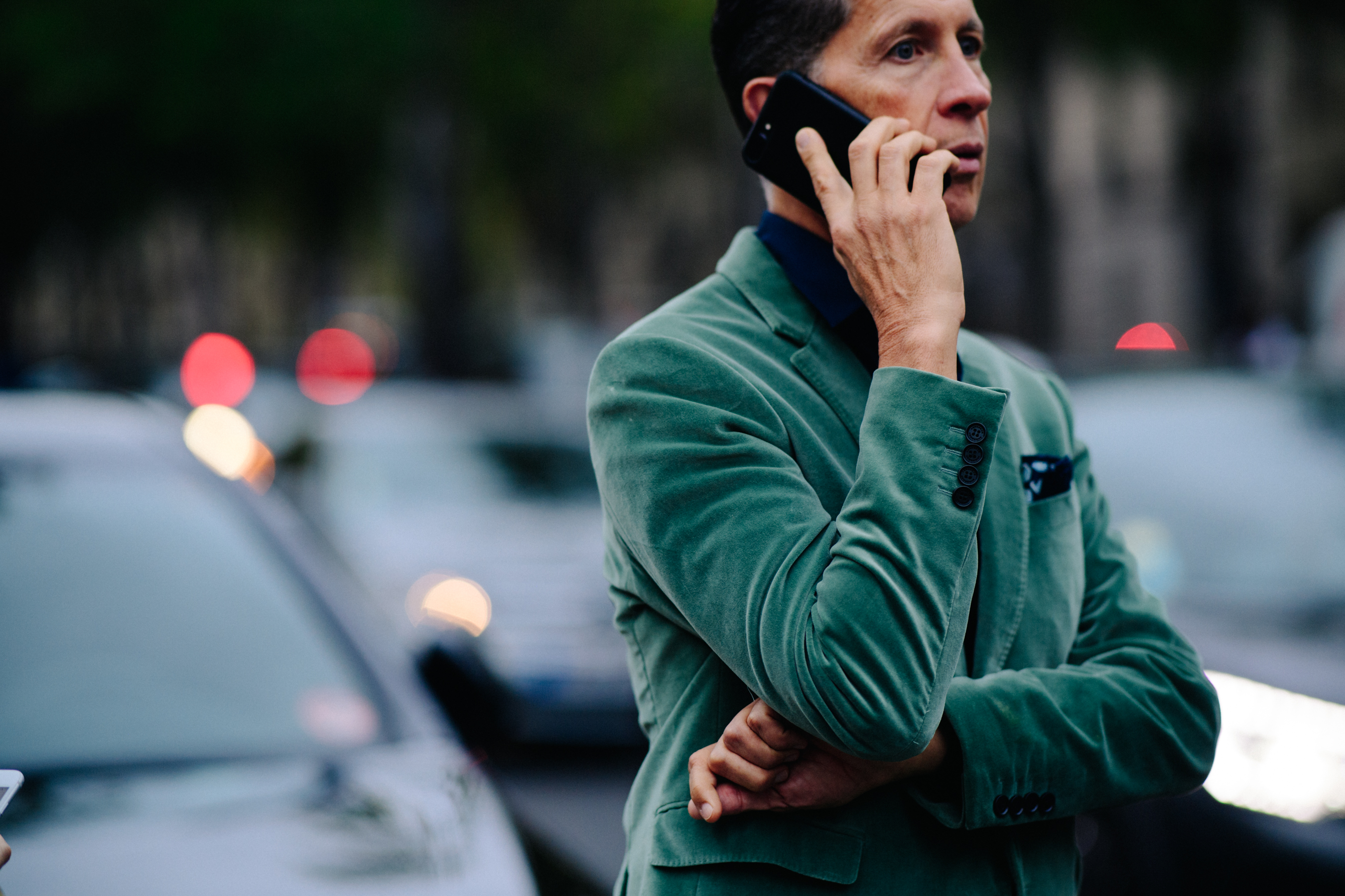 Man wearing green velvet jacket