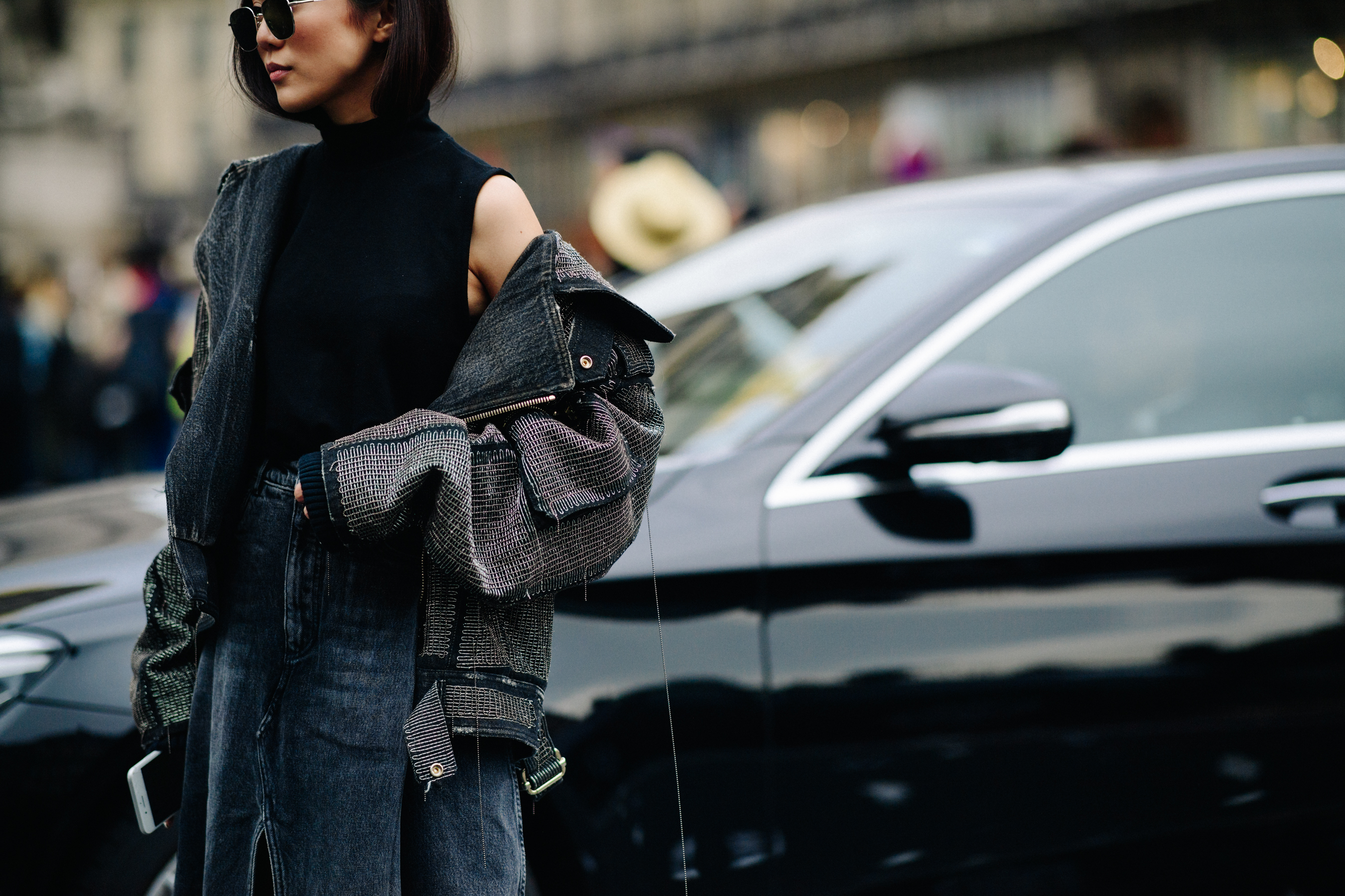 Blogger wearing metallic detail bomber