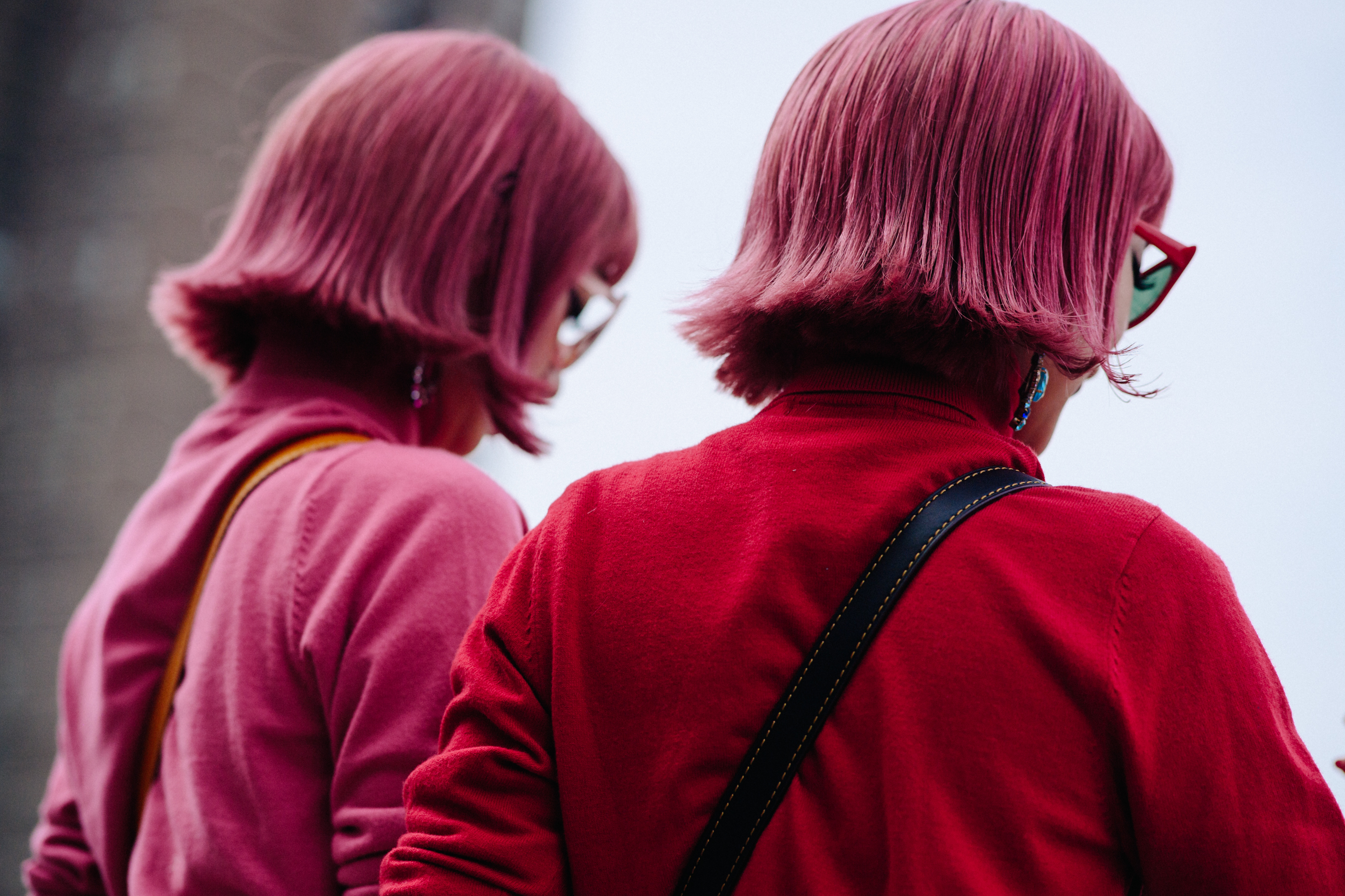 Two women with identical pink hair