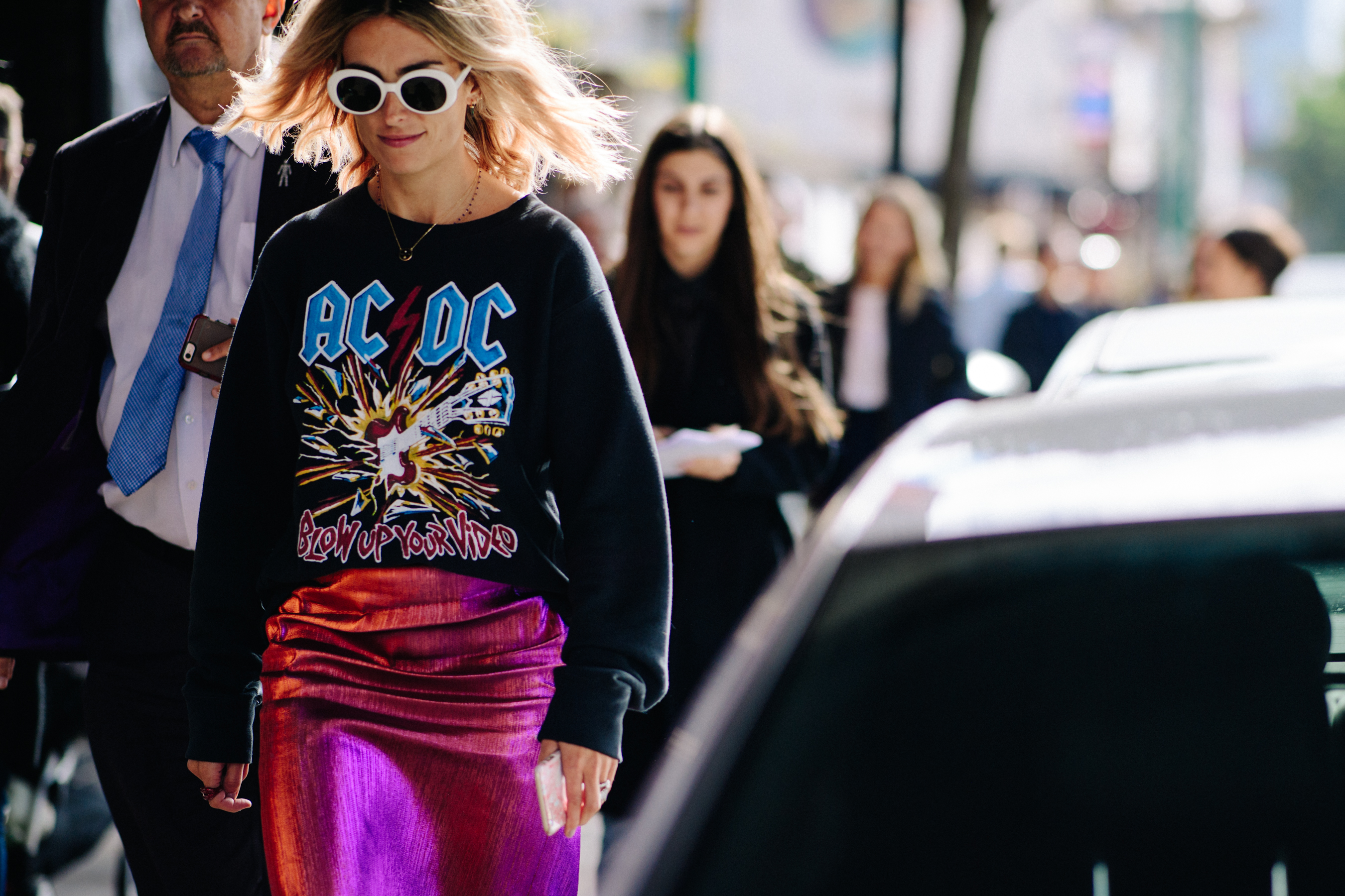 Woman wearing AC/DC sweatshirt