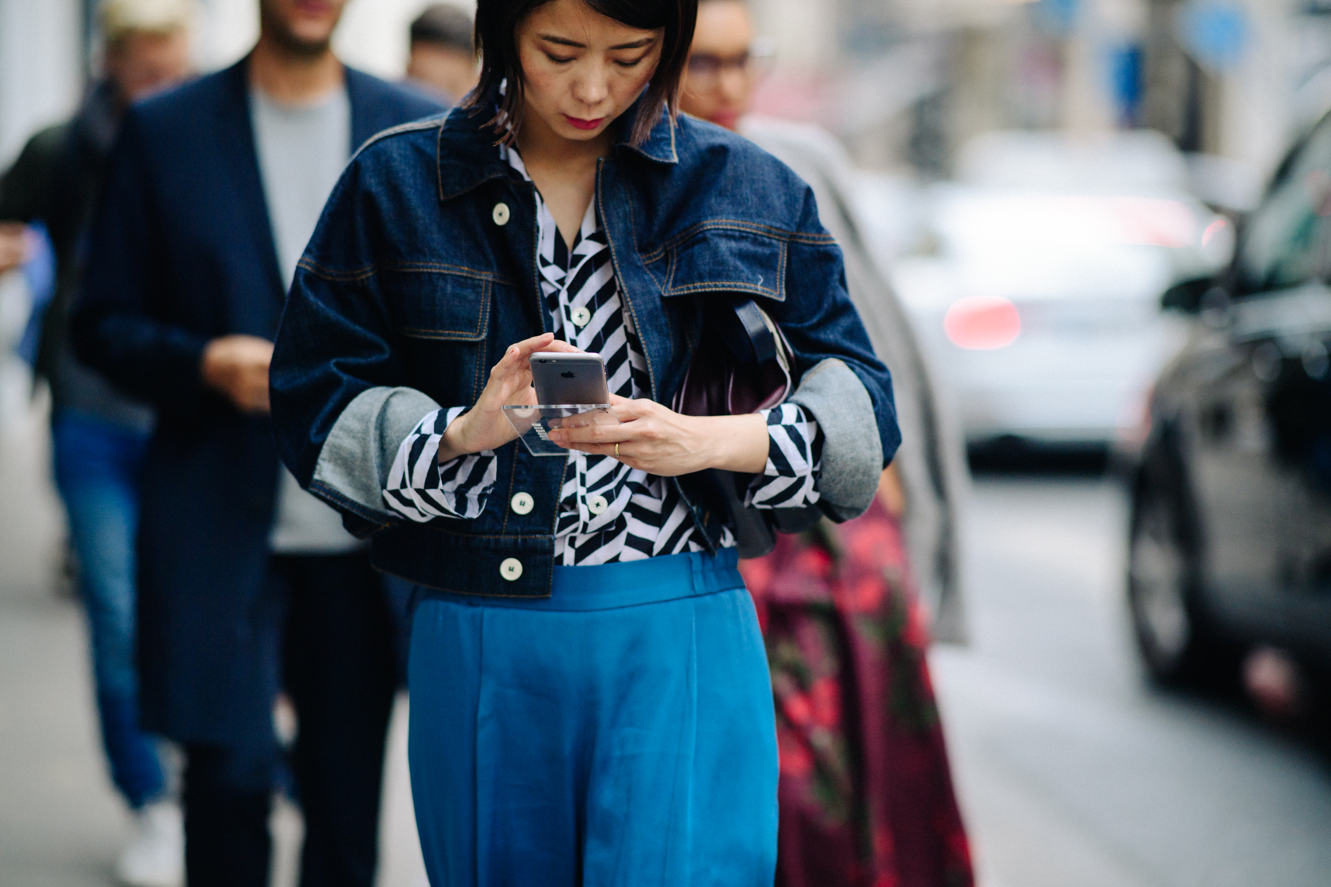 Woman wearing blue denim jacket