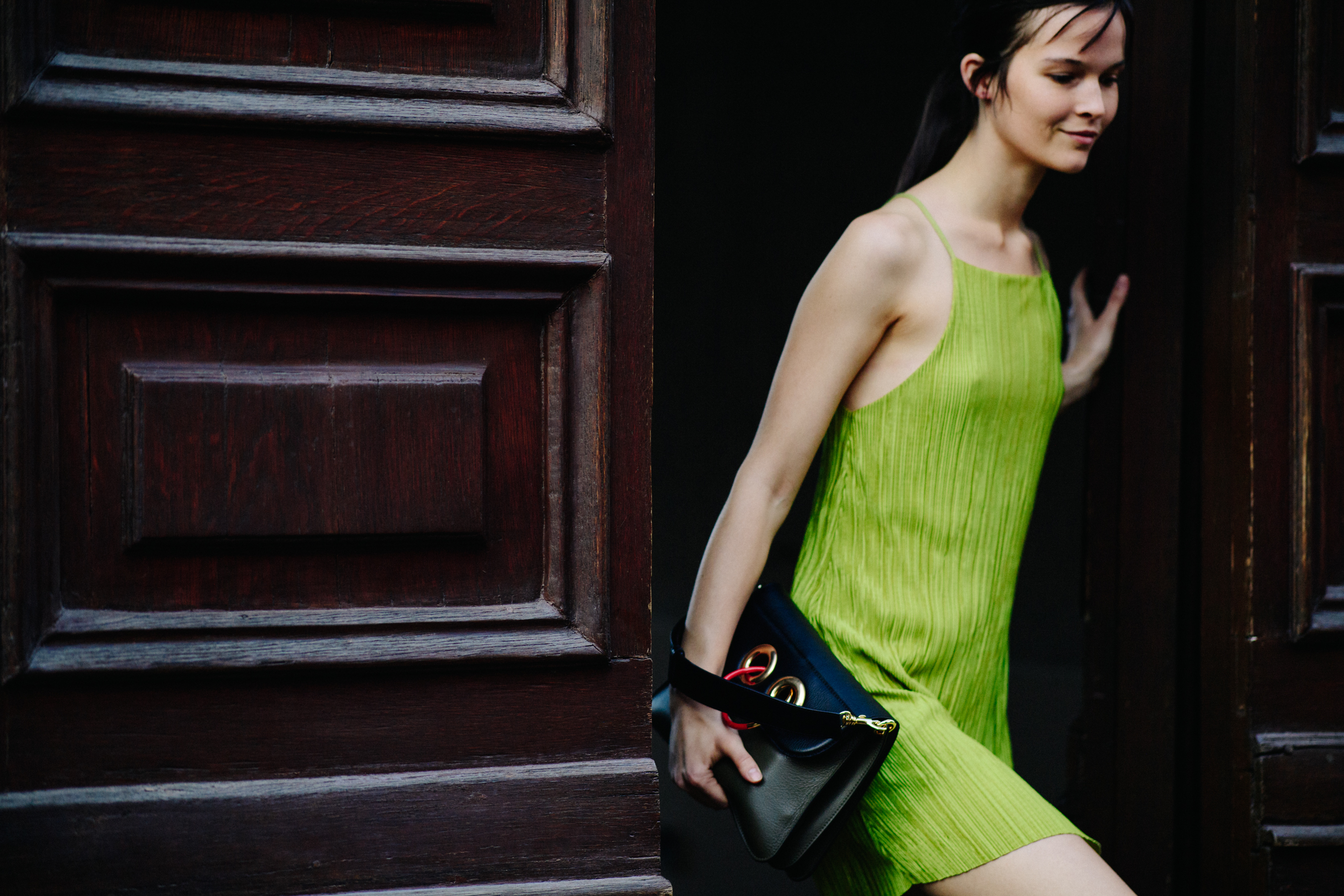 Model in green dress