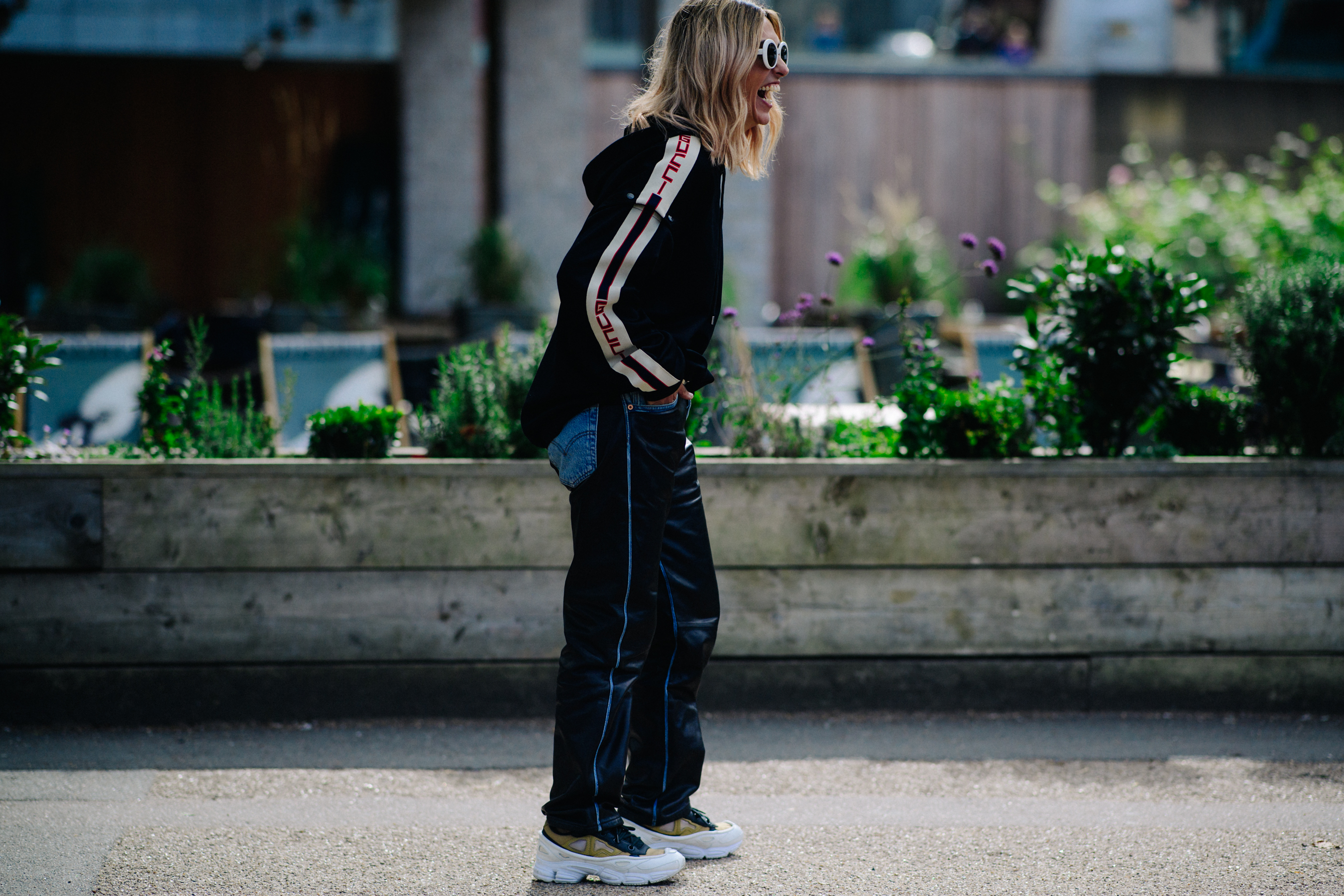 Woman wearing Ozweego bunny sneakers