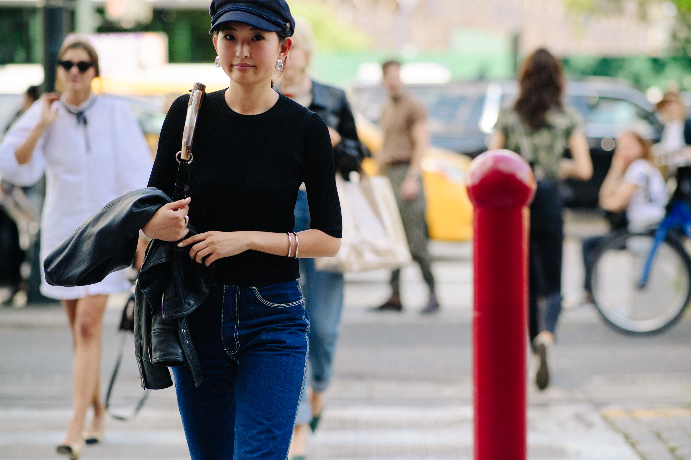 Woman wearing denim hat