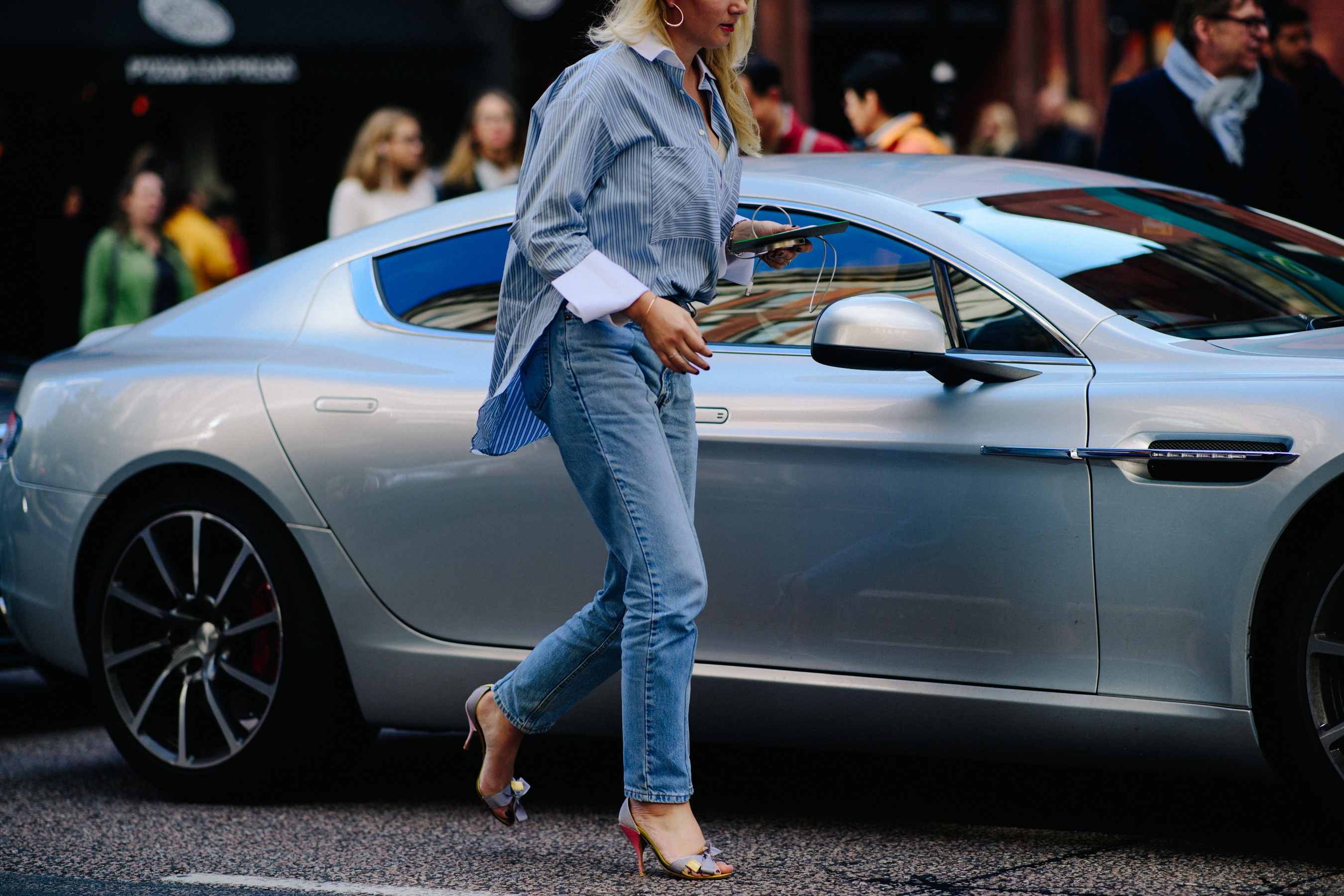 Woman wearing blue oversized shirt