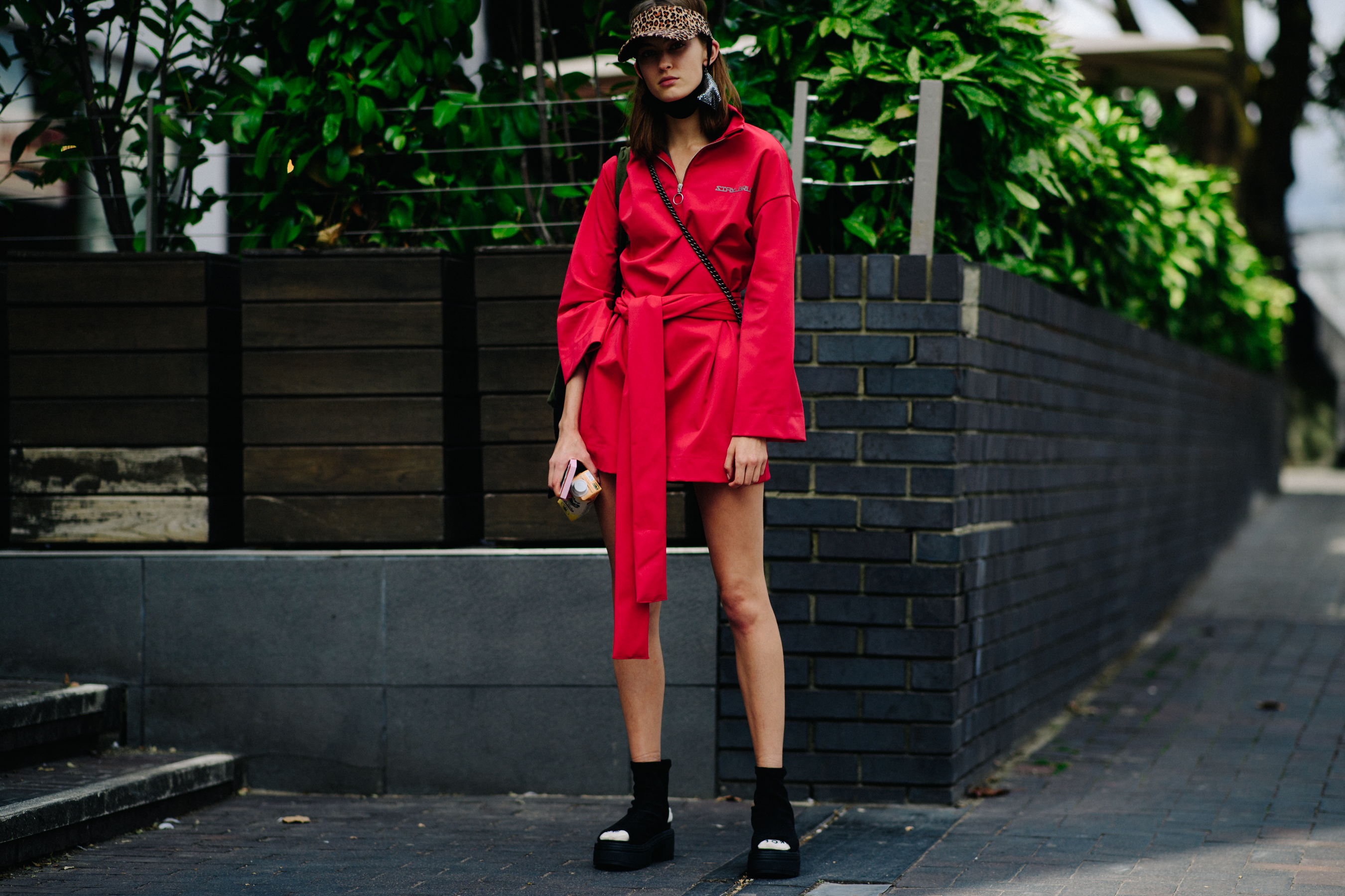 Russian model wearing red outfit
