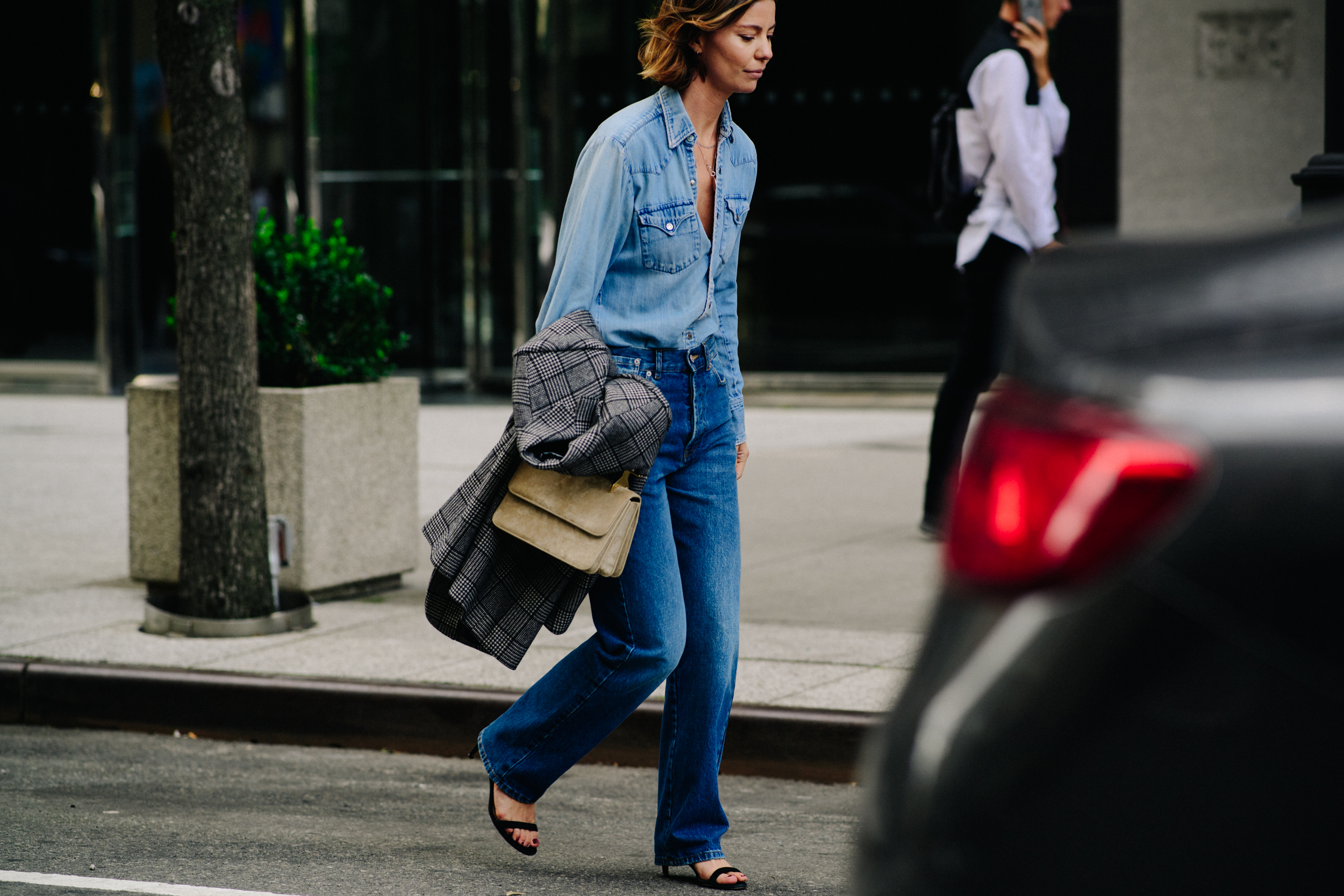 Stylist wearing denim outfit