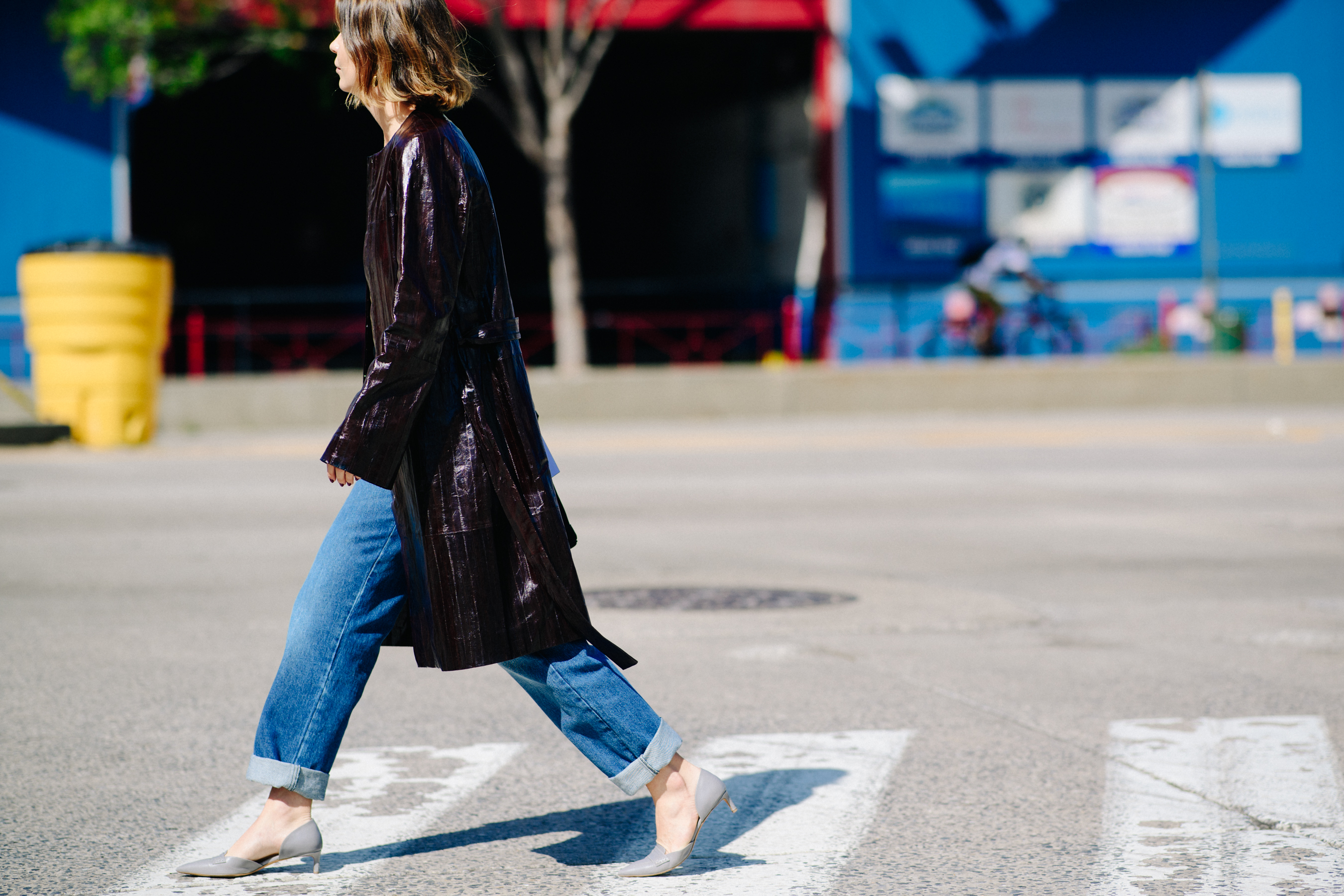 Stylist wearing leather coat