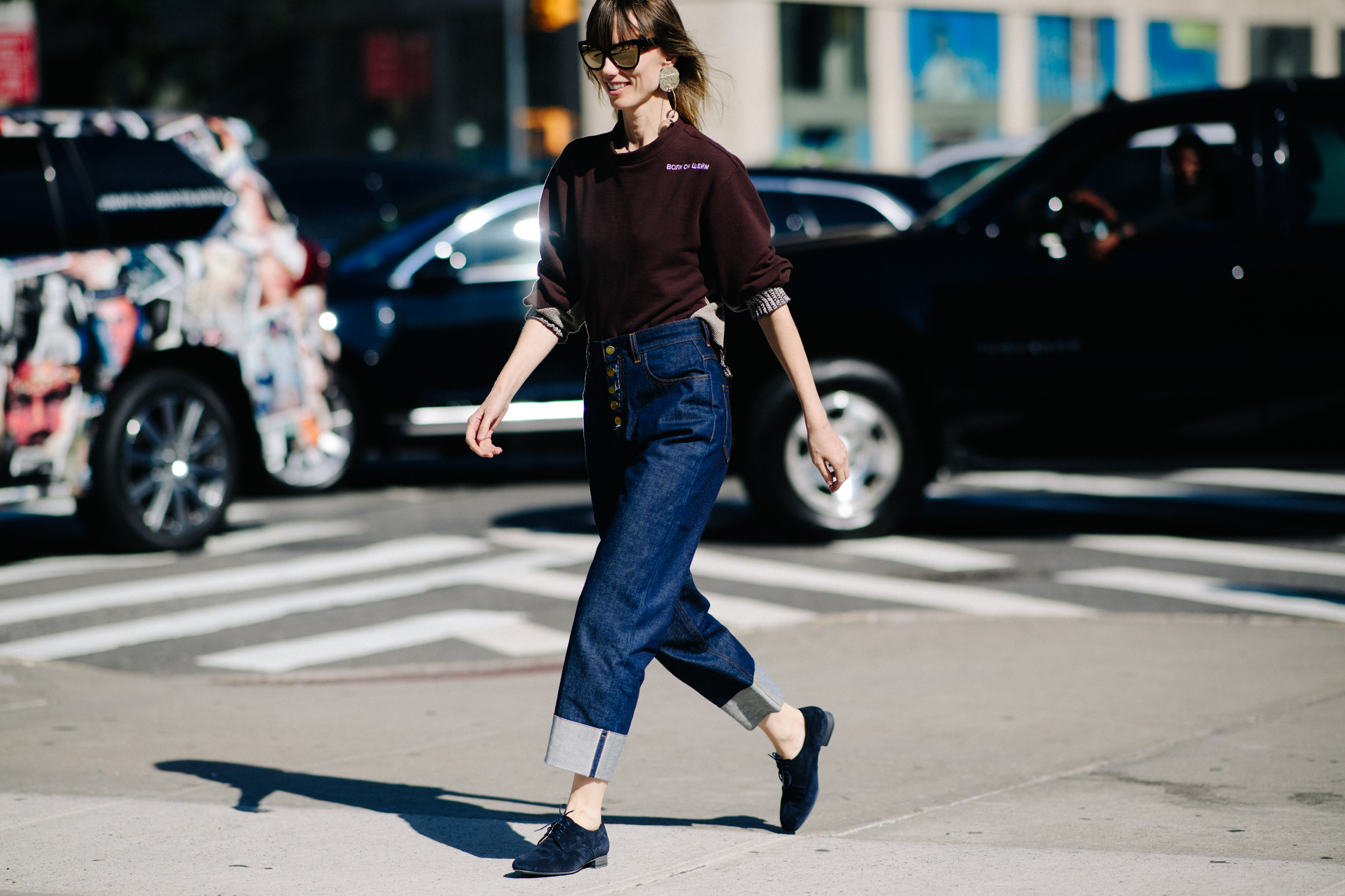 Russian stylist wearing wide leg jeans