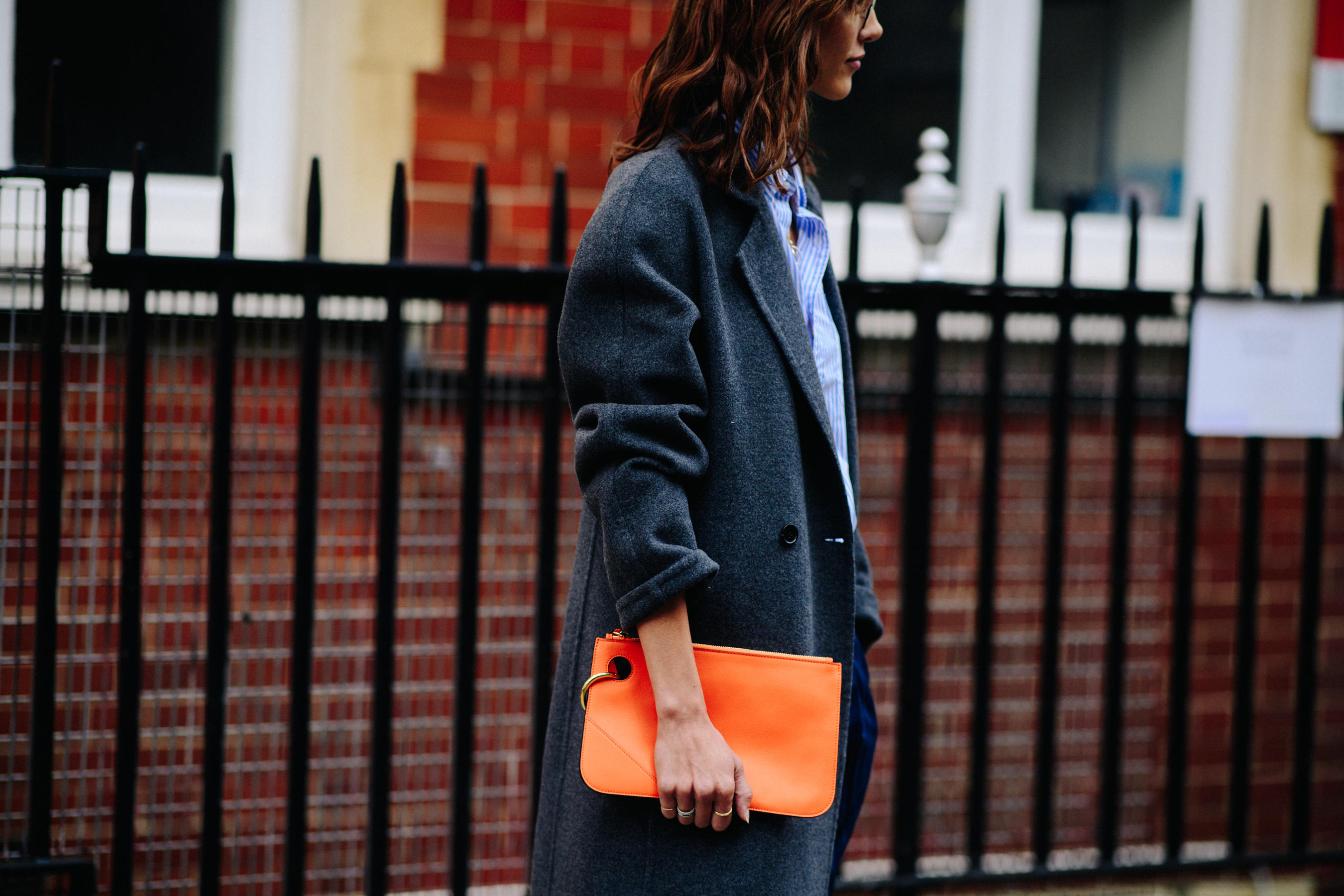 Model with J.W.Anderson handbag after a show