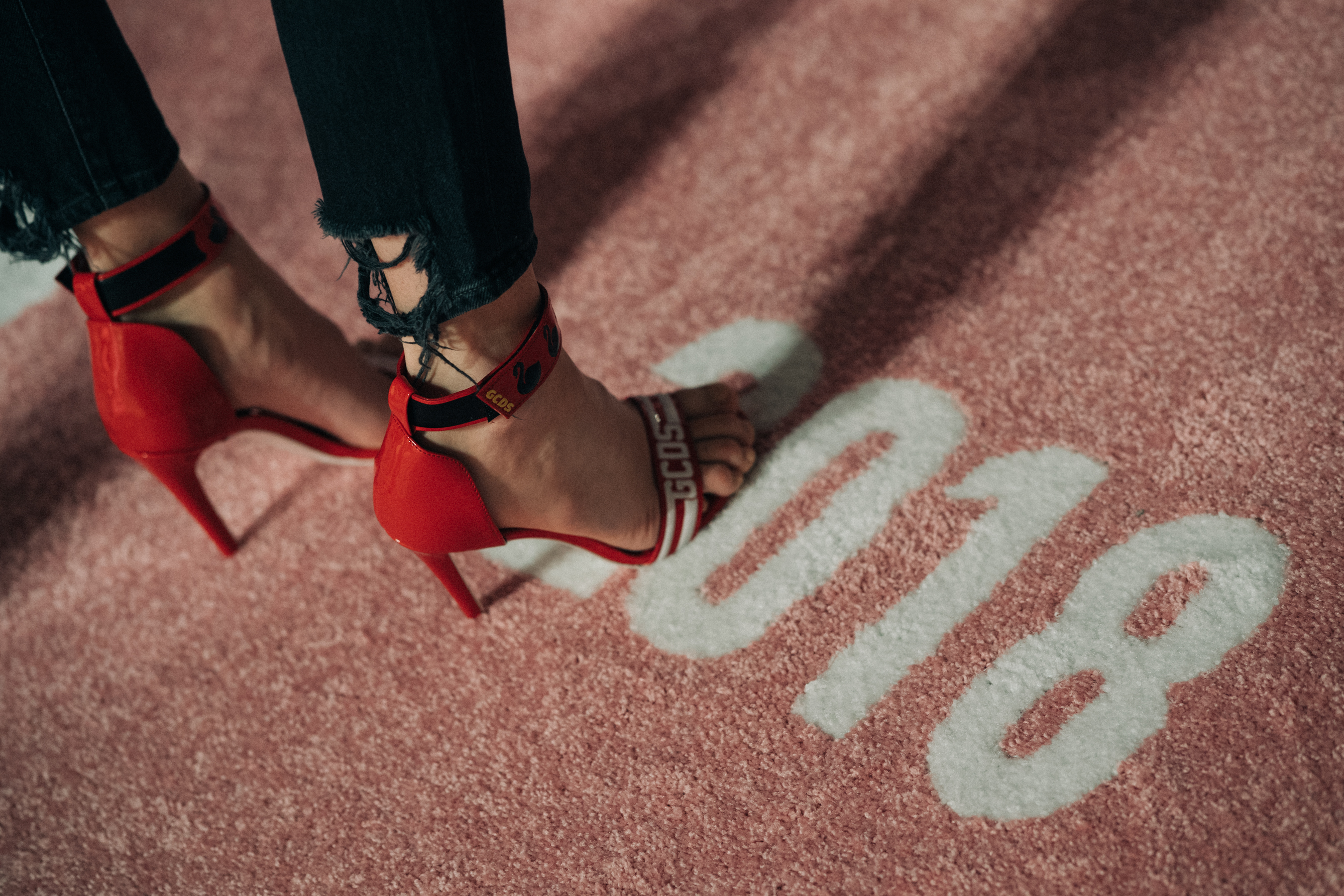 Model wearing shoes with crystals