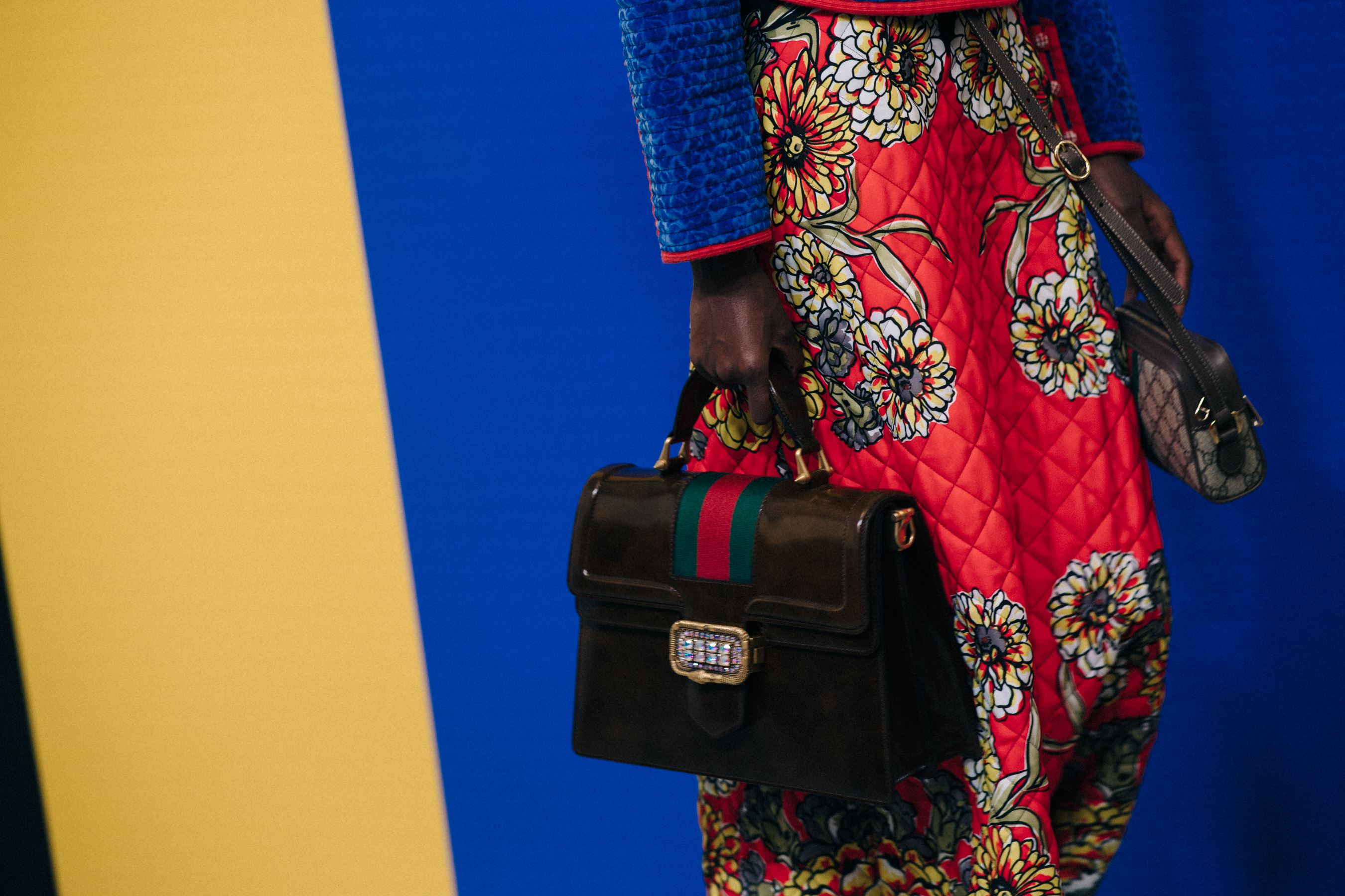 Closeup of model with Gucci bags