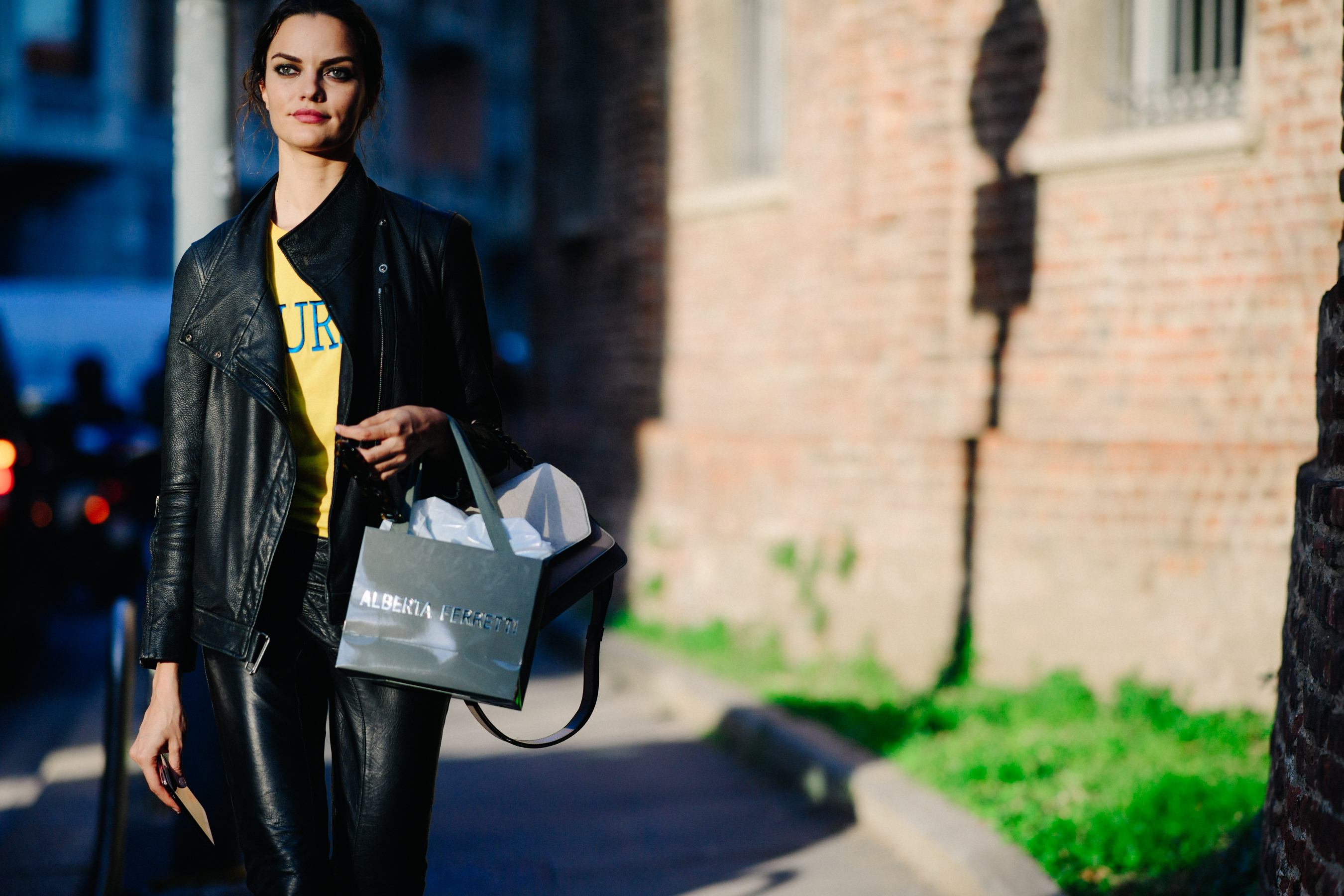 Model wearing black leather jacket