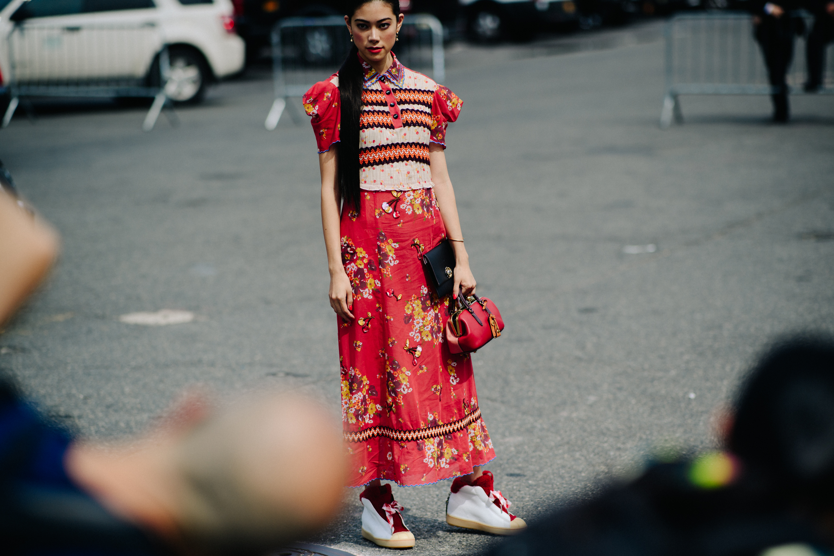 Woman wearing long red dress
