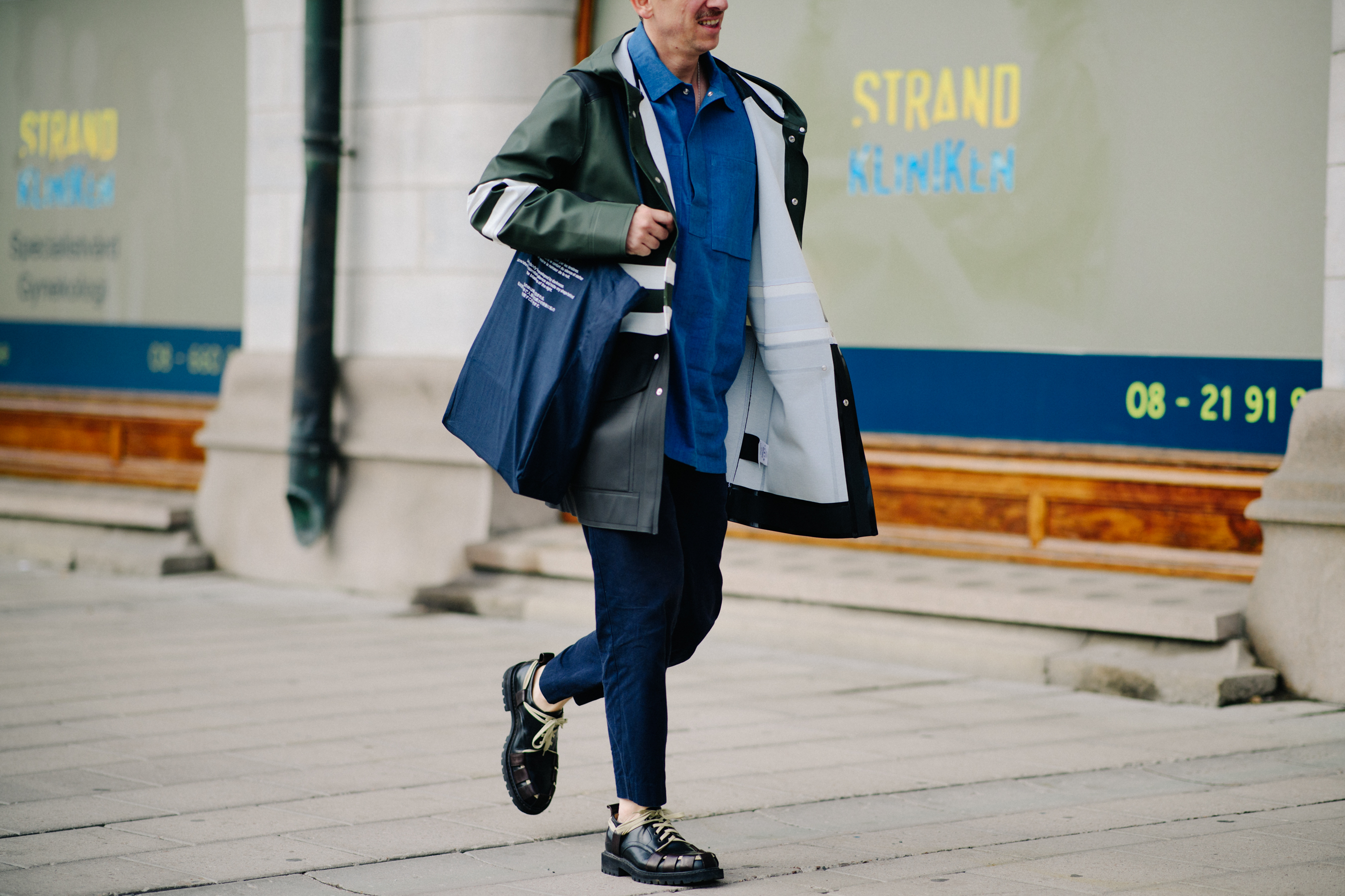 Man wearing black brogues and rain coat