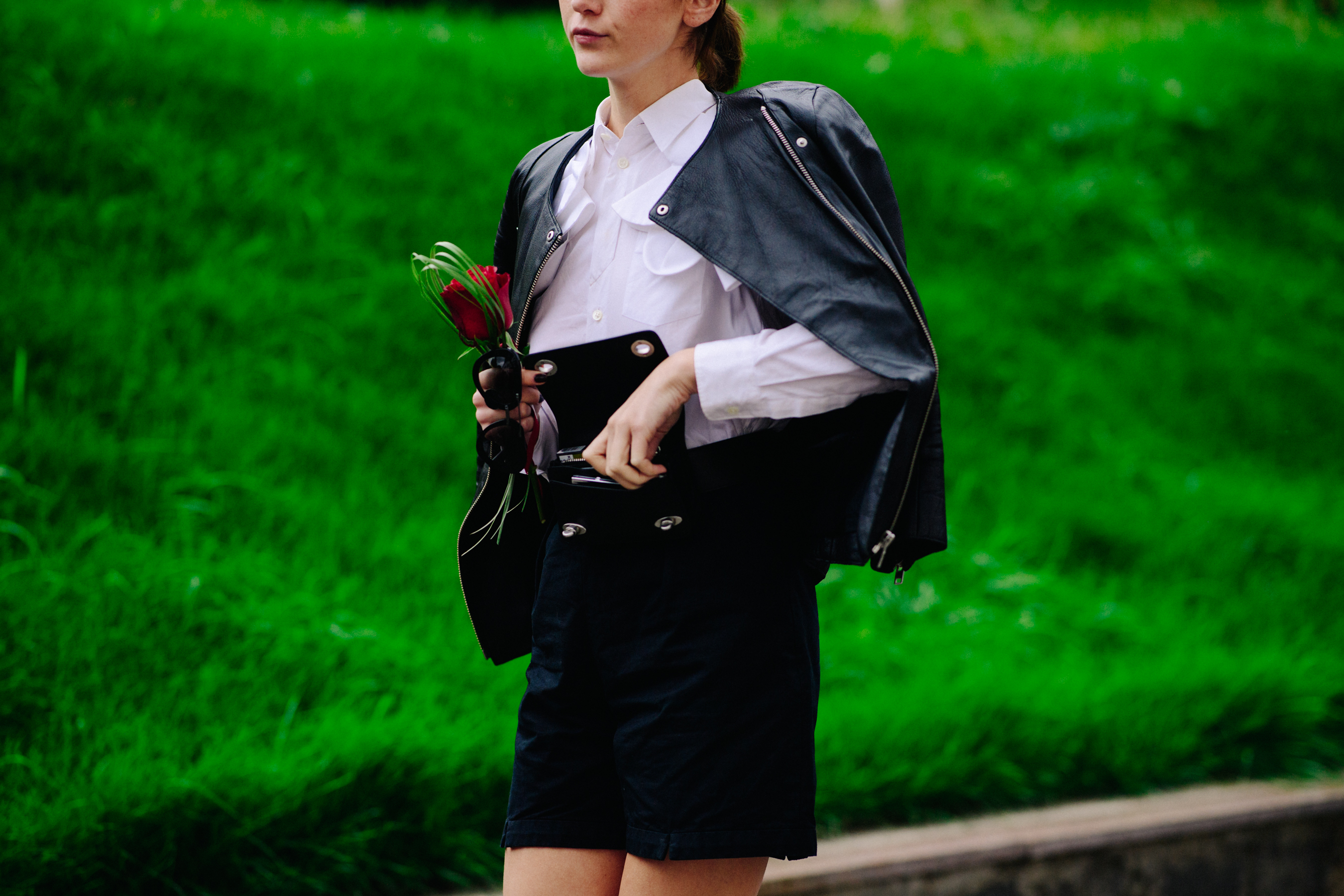 Woman wearing black leather jacket