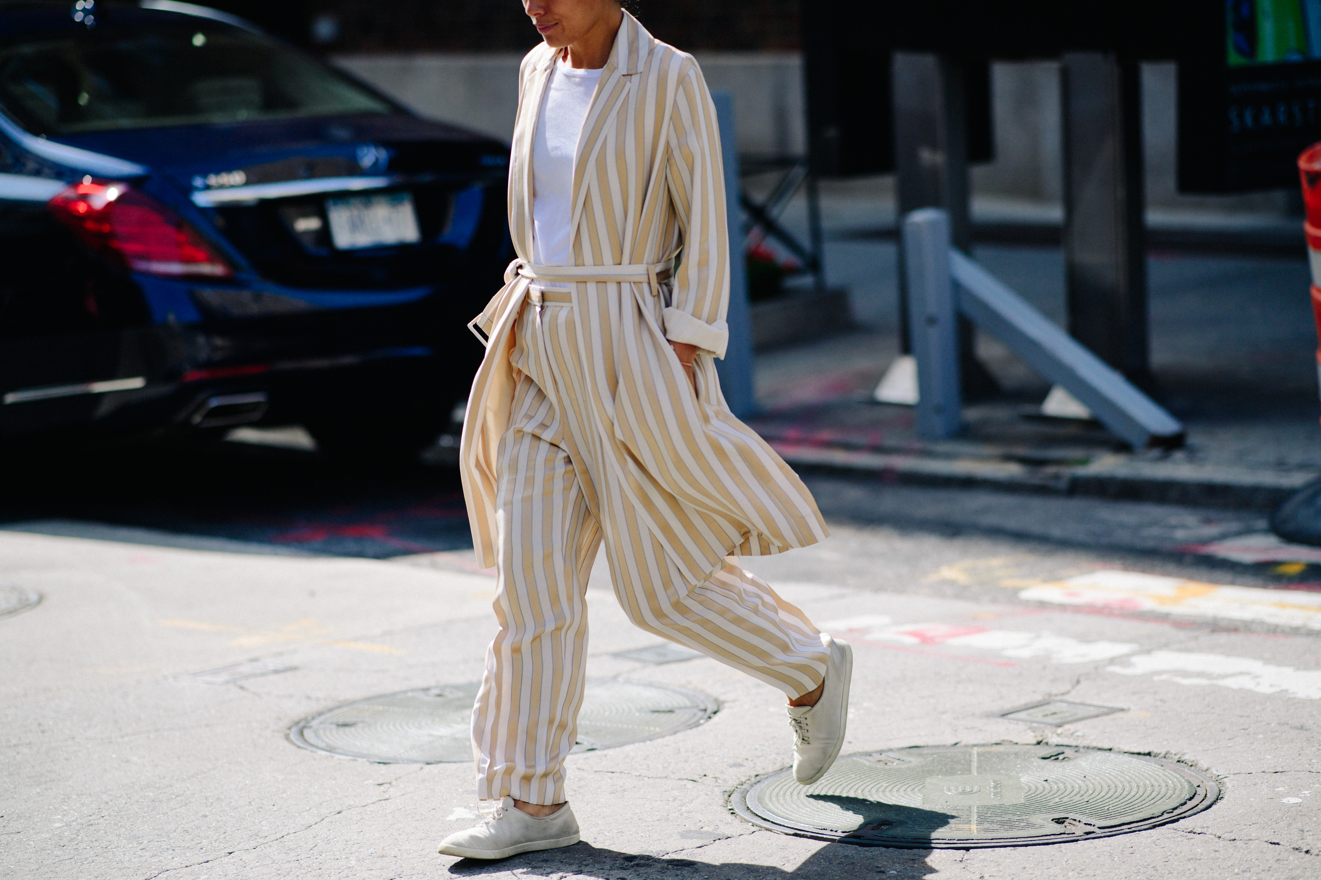 Woman wearing striped pyjamas