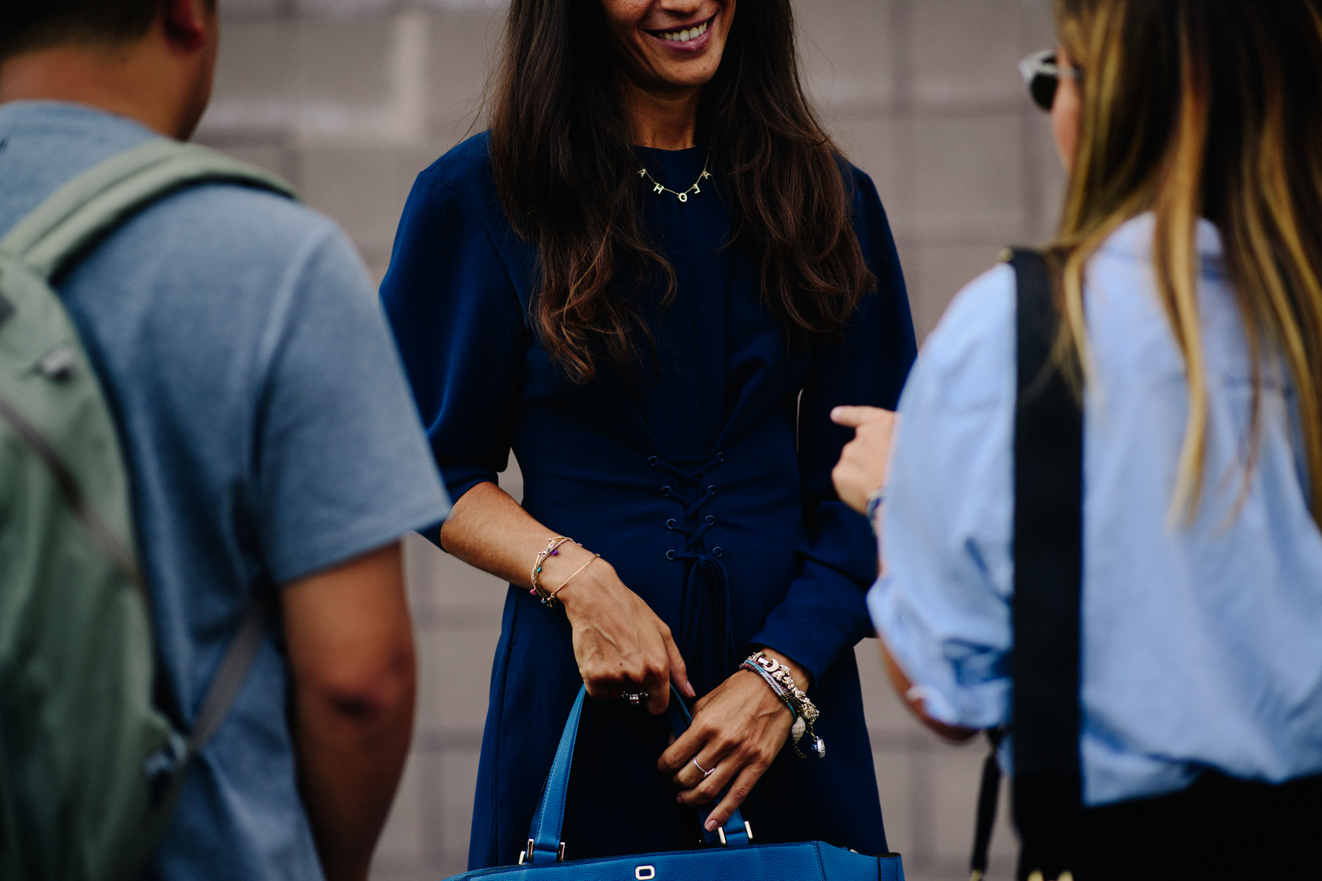 Italian woman wearing all blue
