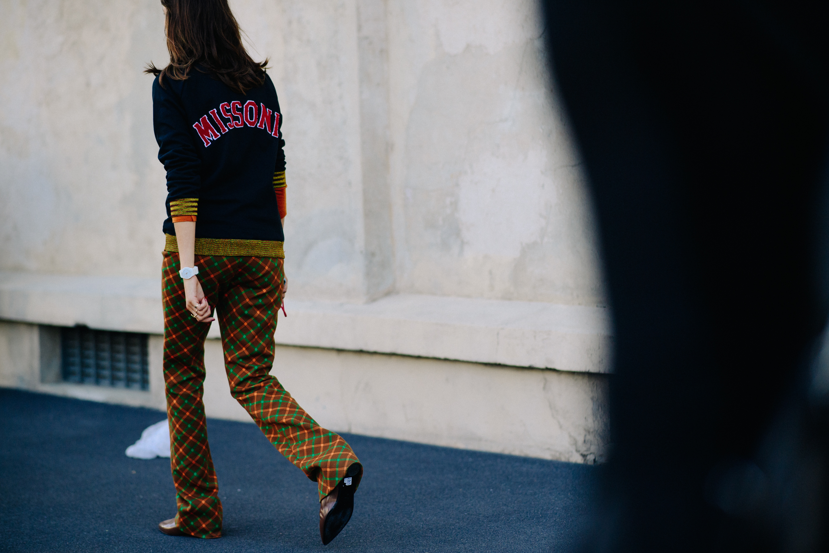 Rear of woman wearing graphic Missoni jumper