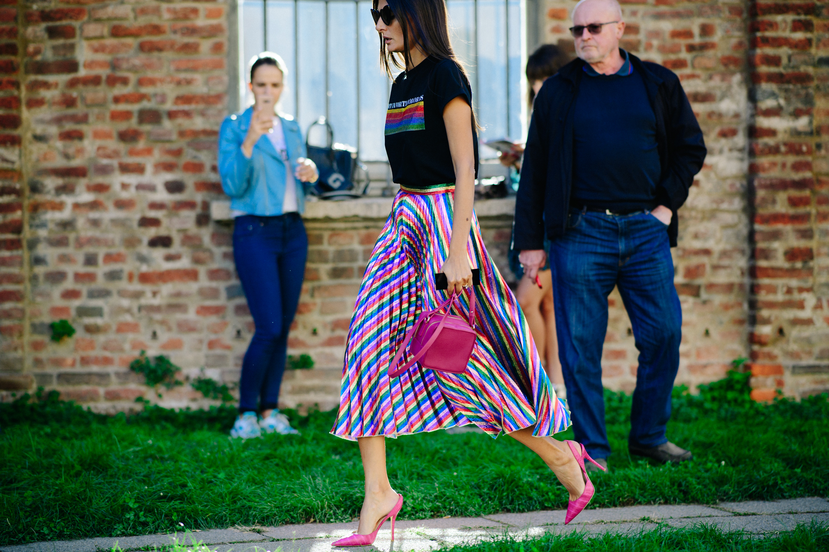Editor wearing colourful skirt