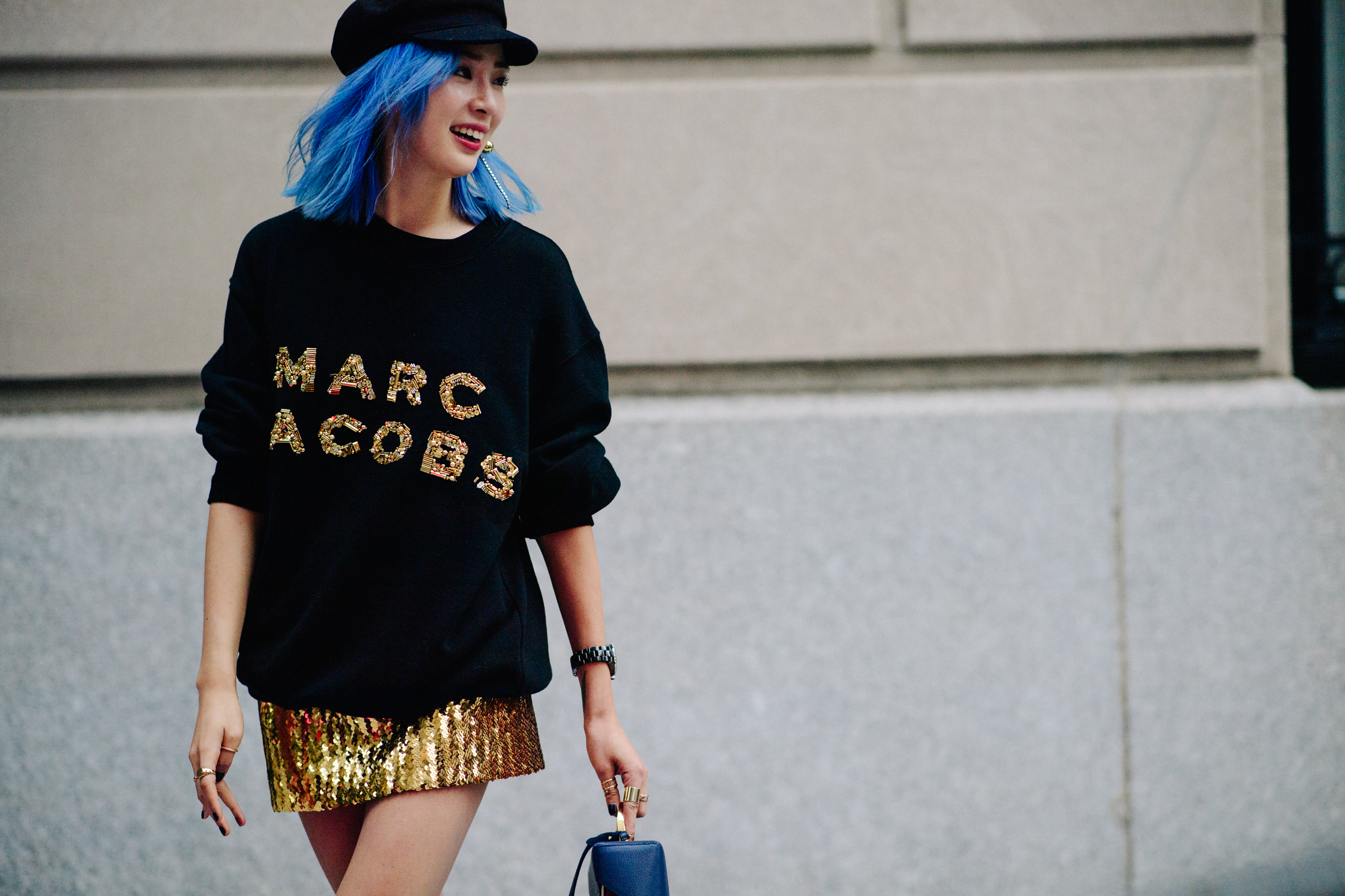 Korean model with bright blue hair