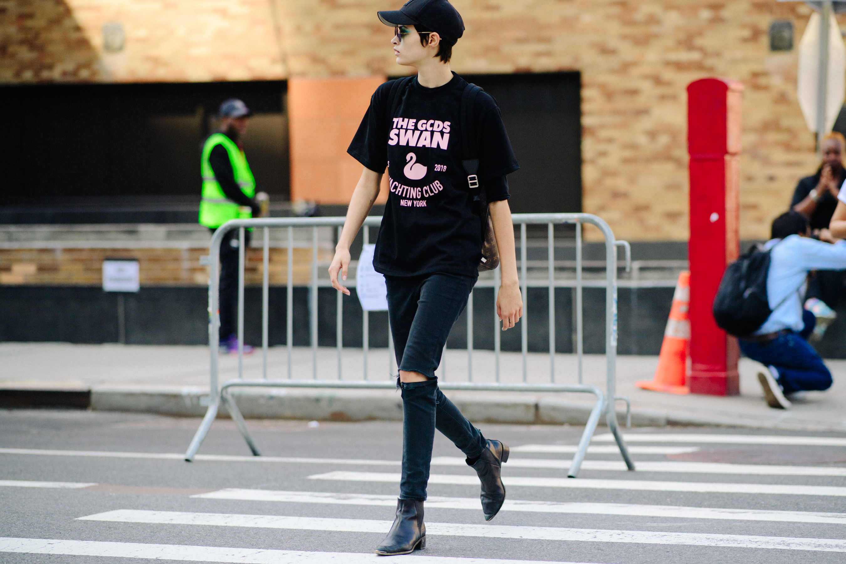 Model wearing black denim