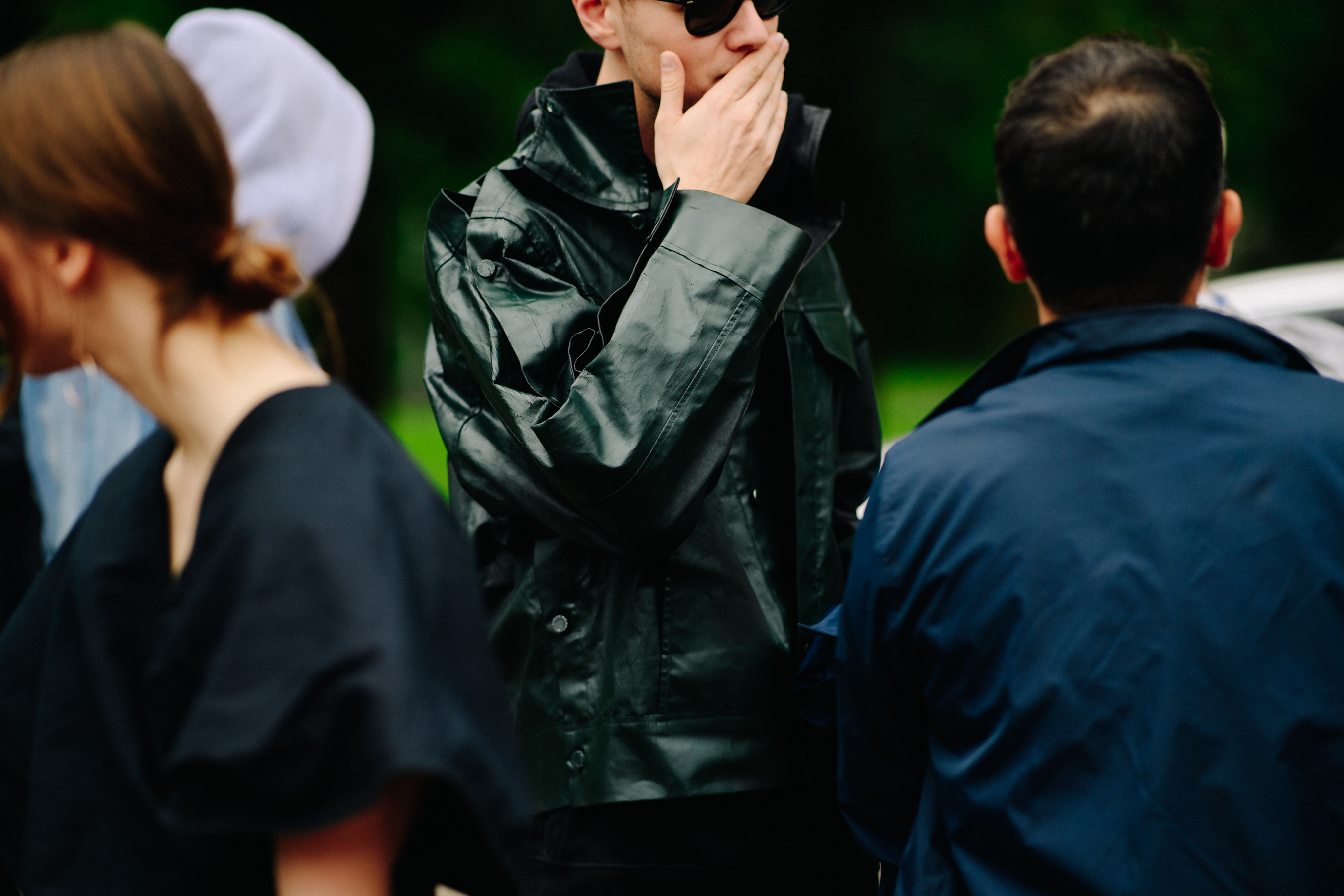 Man wearing green leather jacekt