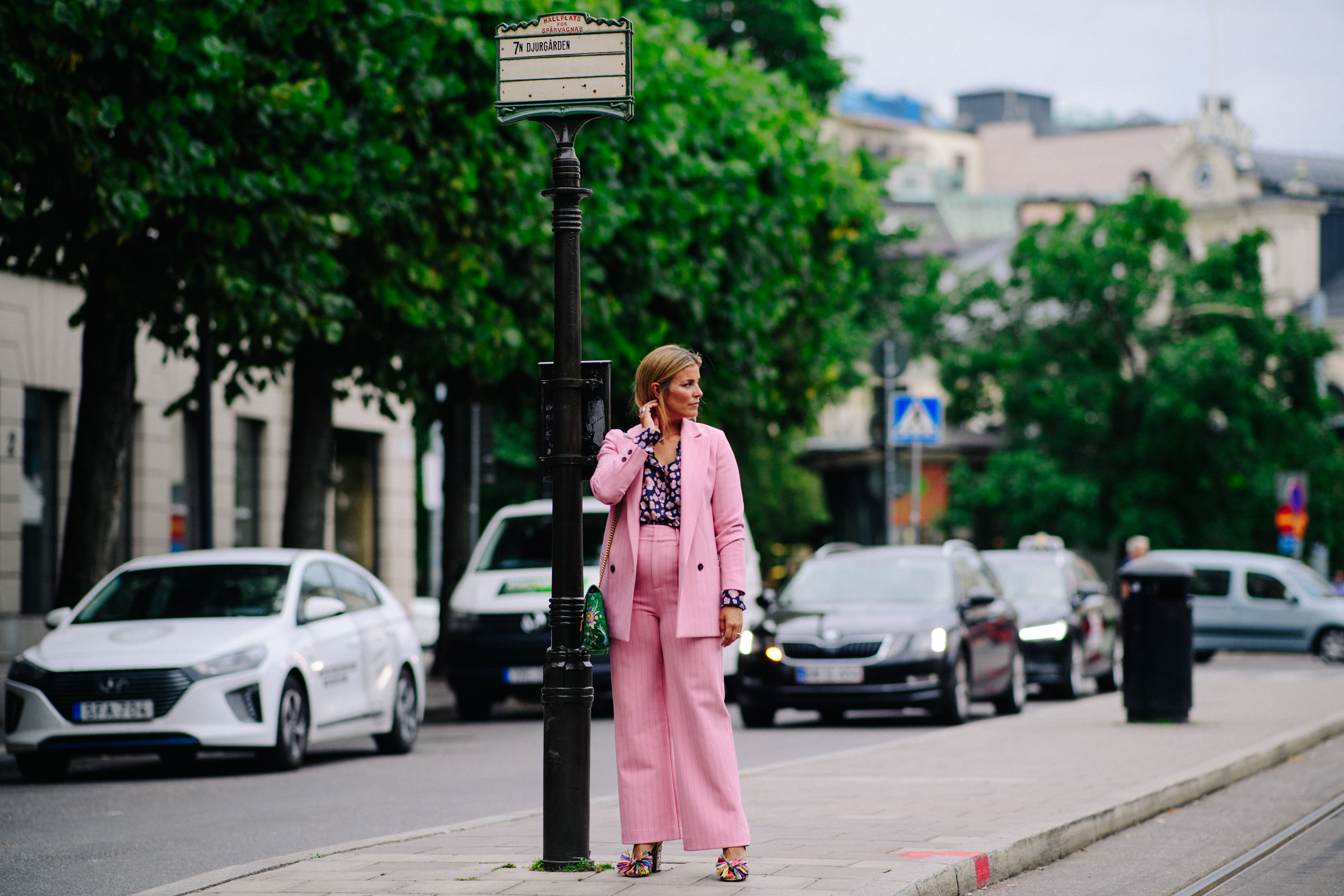 Blogger wearing pink suit