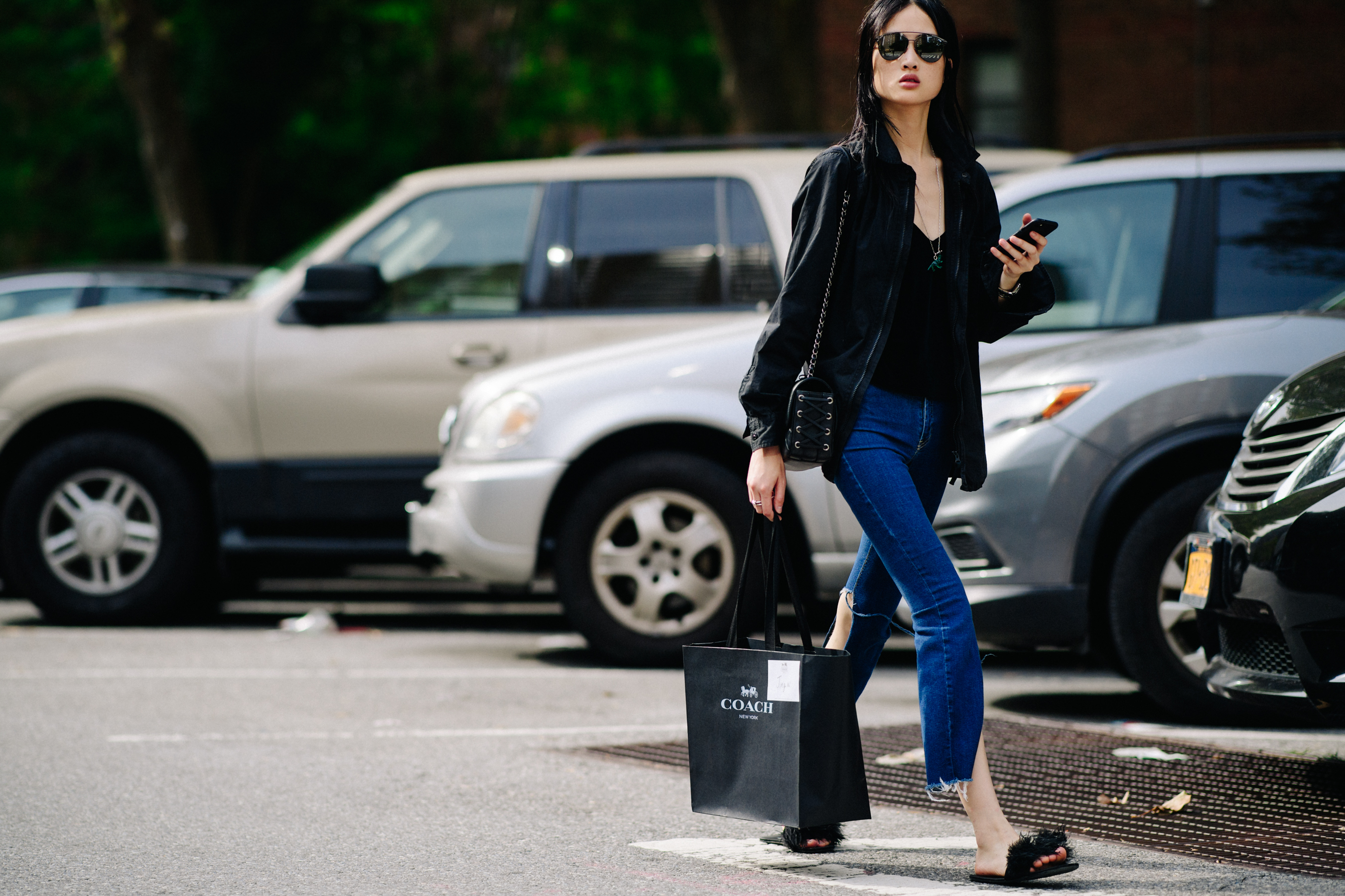 Chinese model wearing cropped jeans