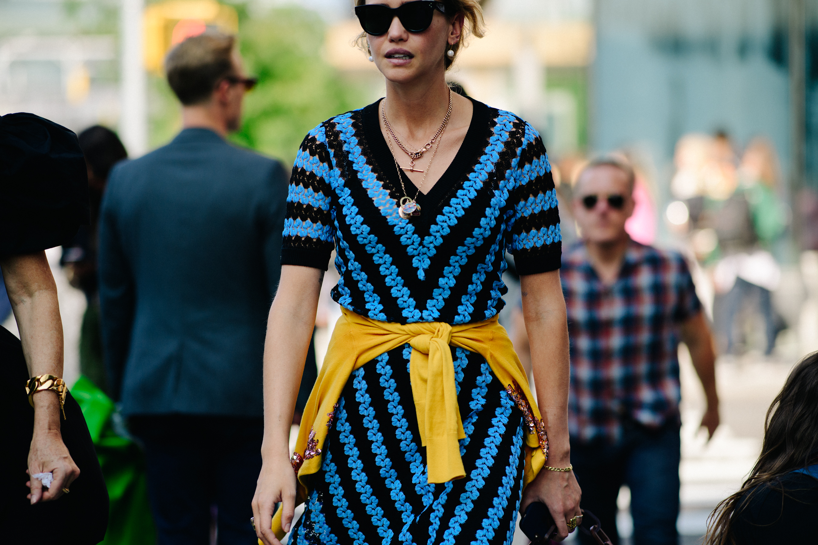 Woman wearing blue dress