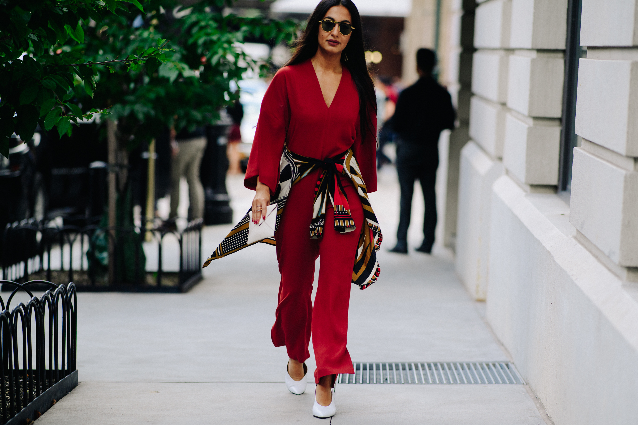 Woman wearing red jumpsuit