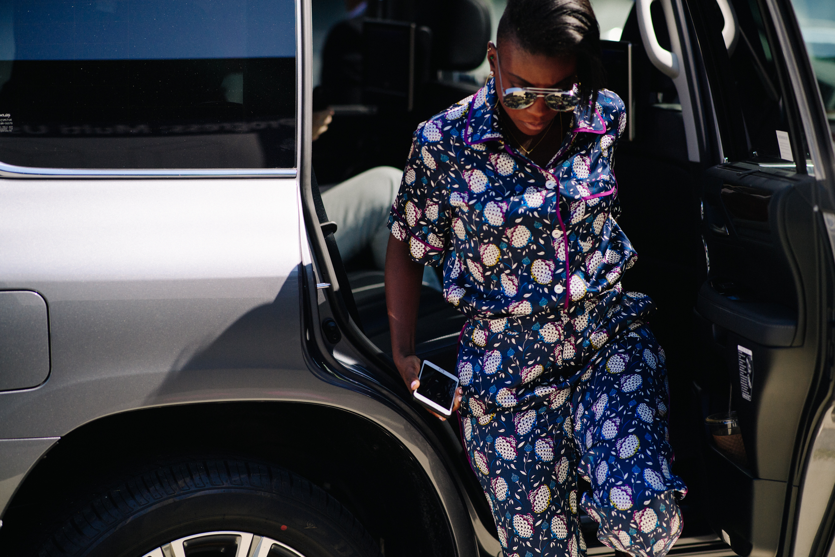Woman wearing blue jumpsuit