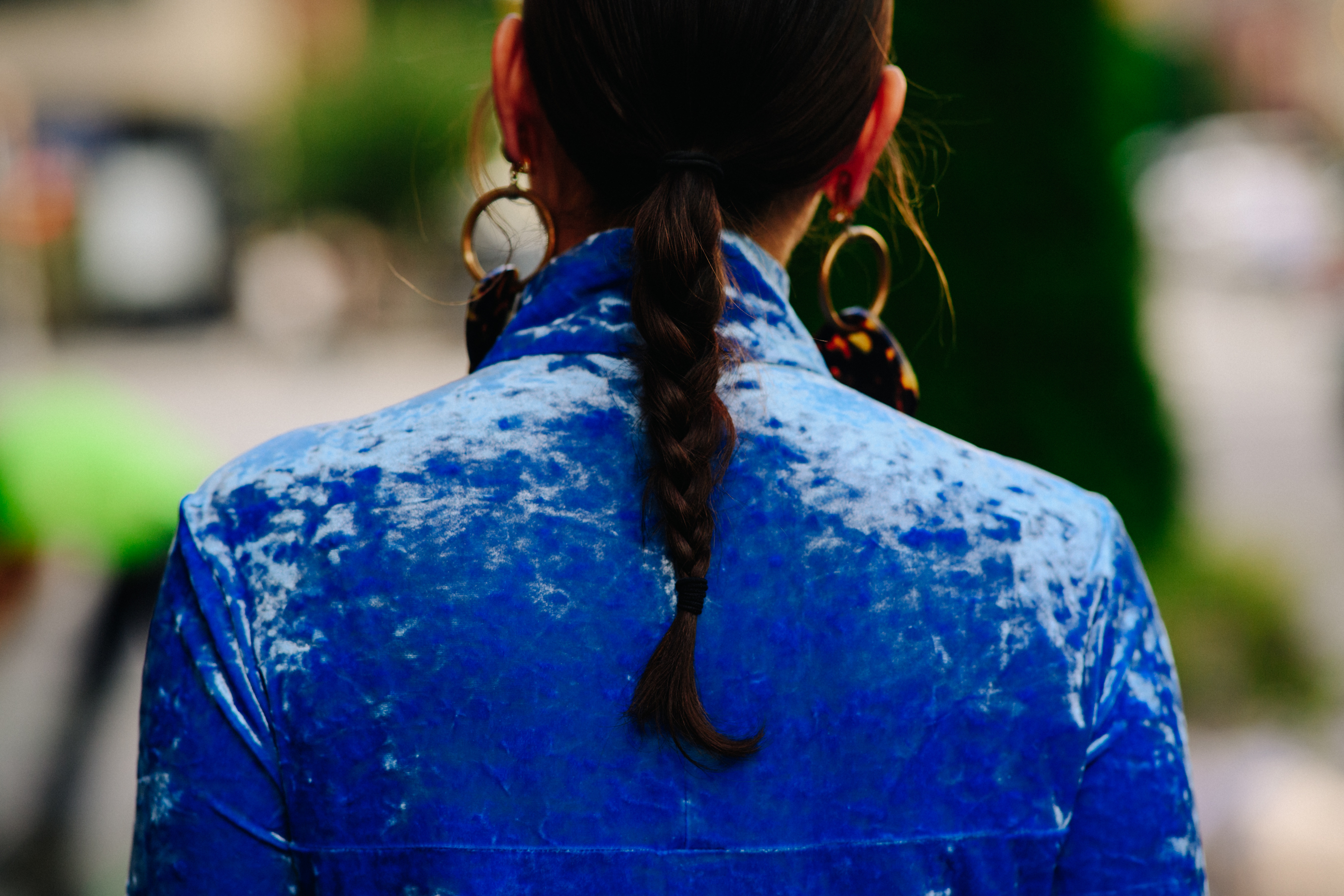 American editor wearing blue velvet dress