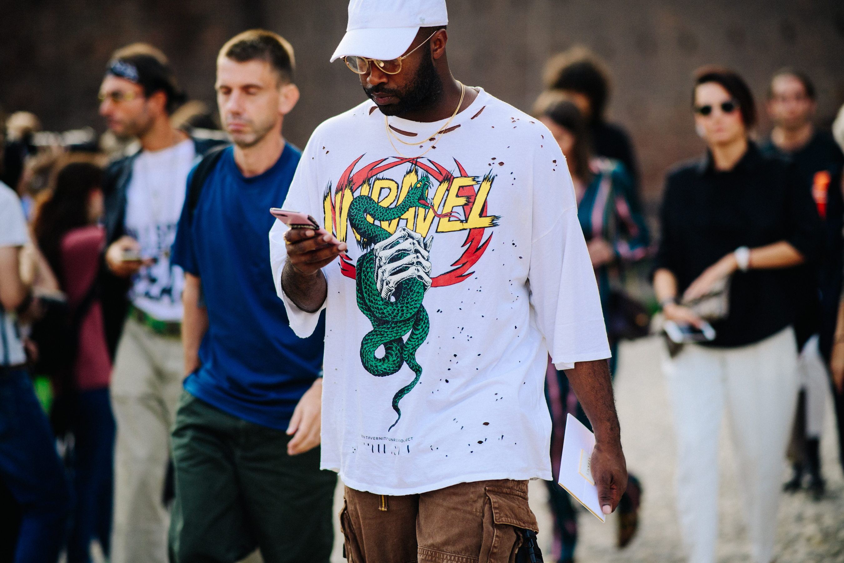 Man wearing graphic tee shirt