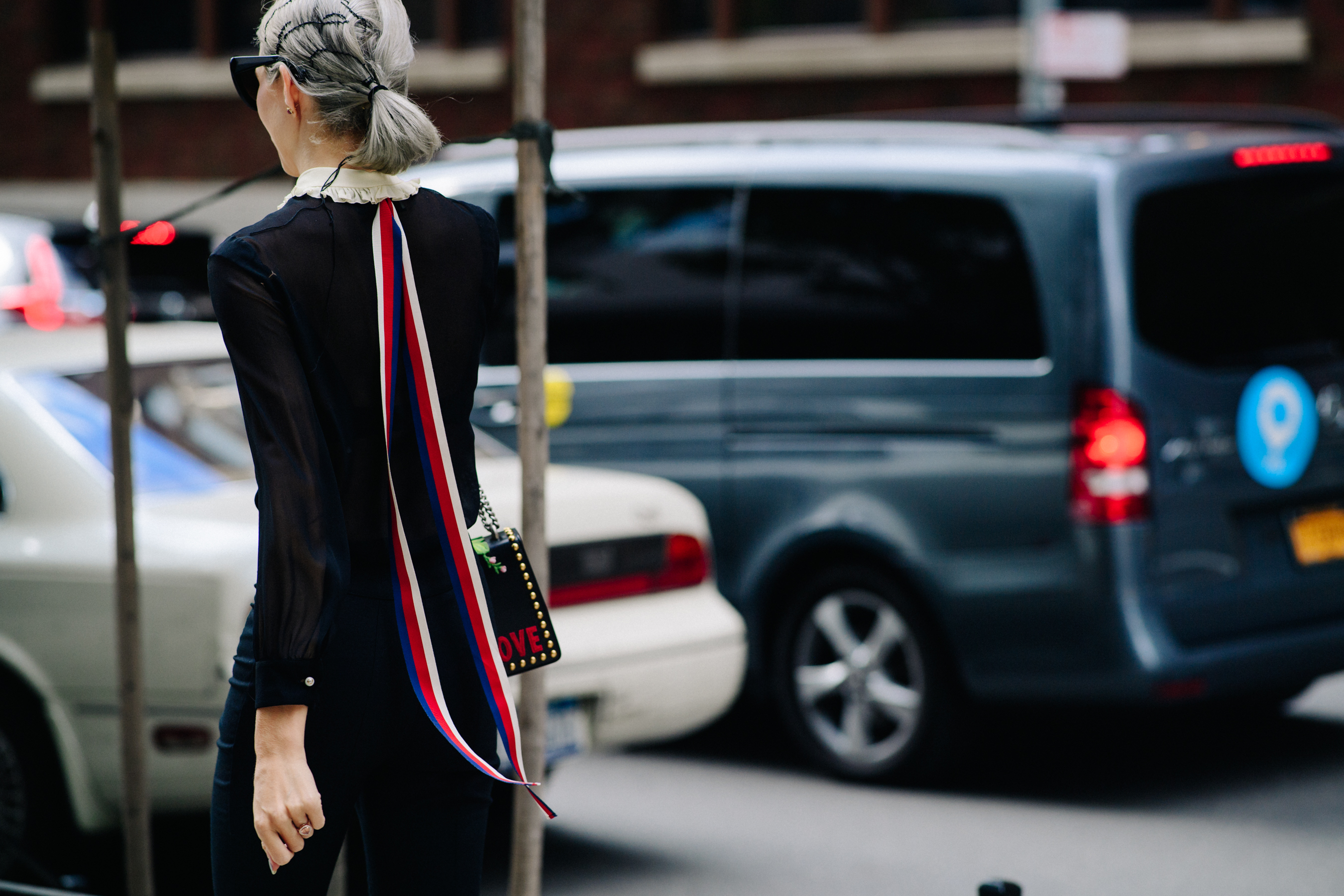 Blogger with gray hair wearing a dress