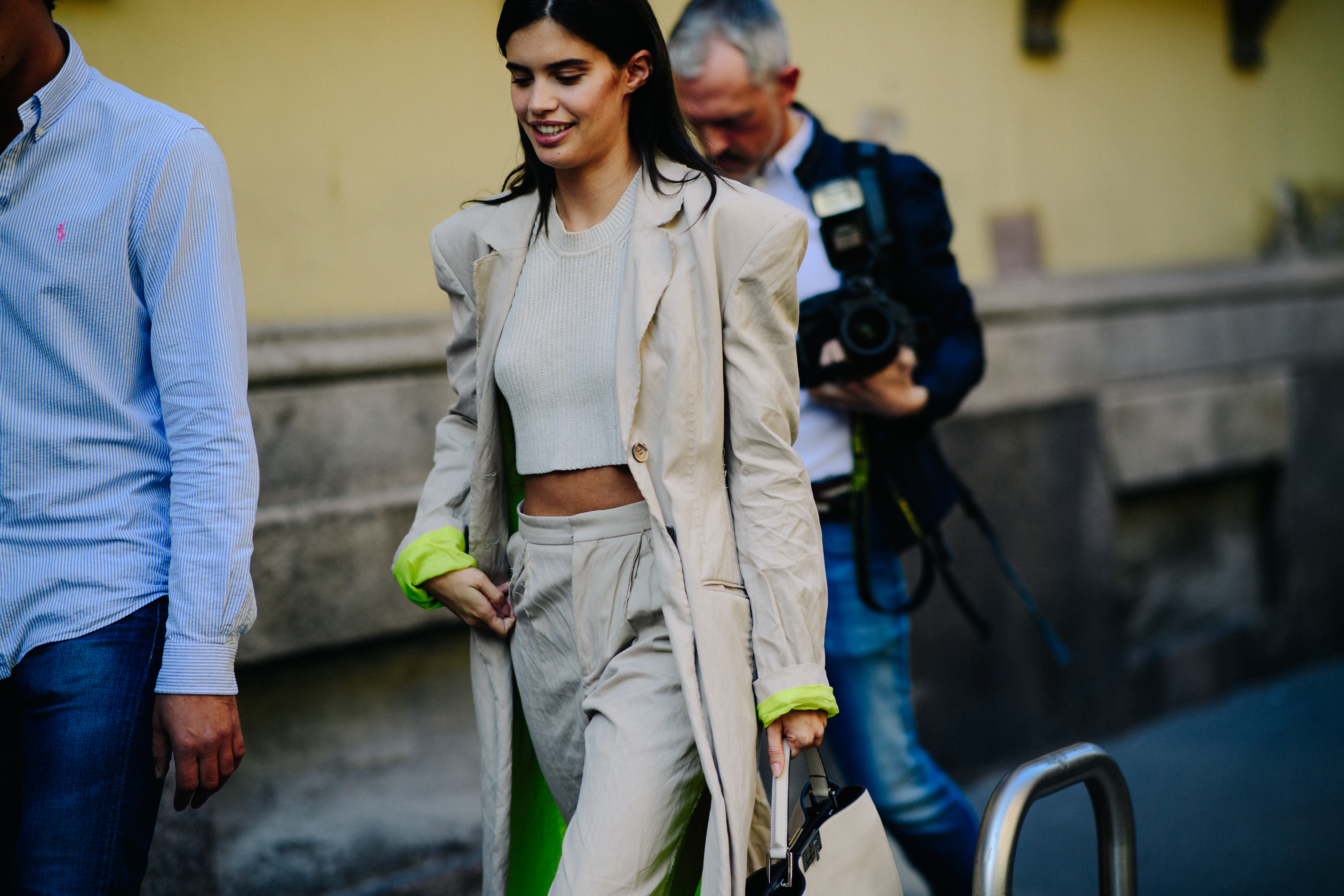 Portuguese model waering pale outfit and crop top