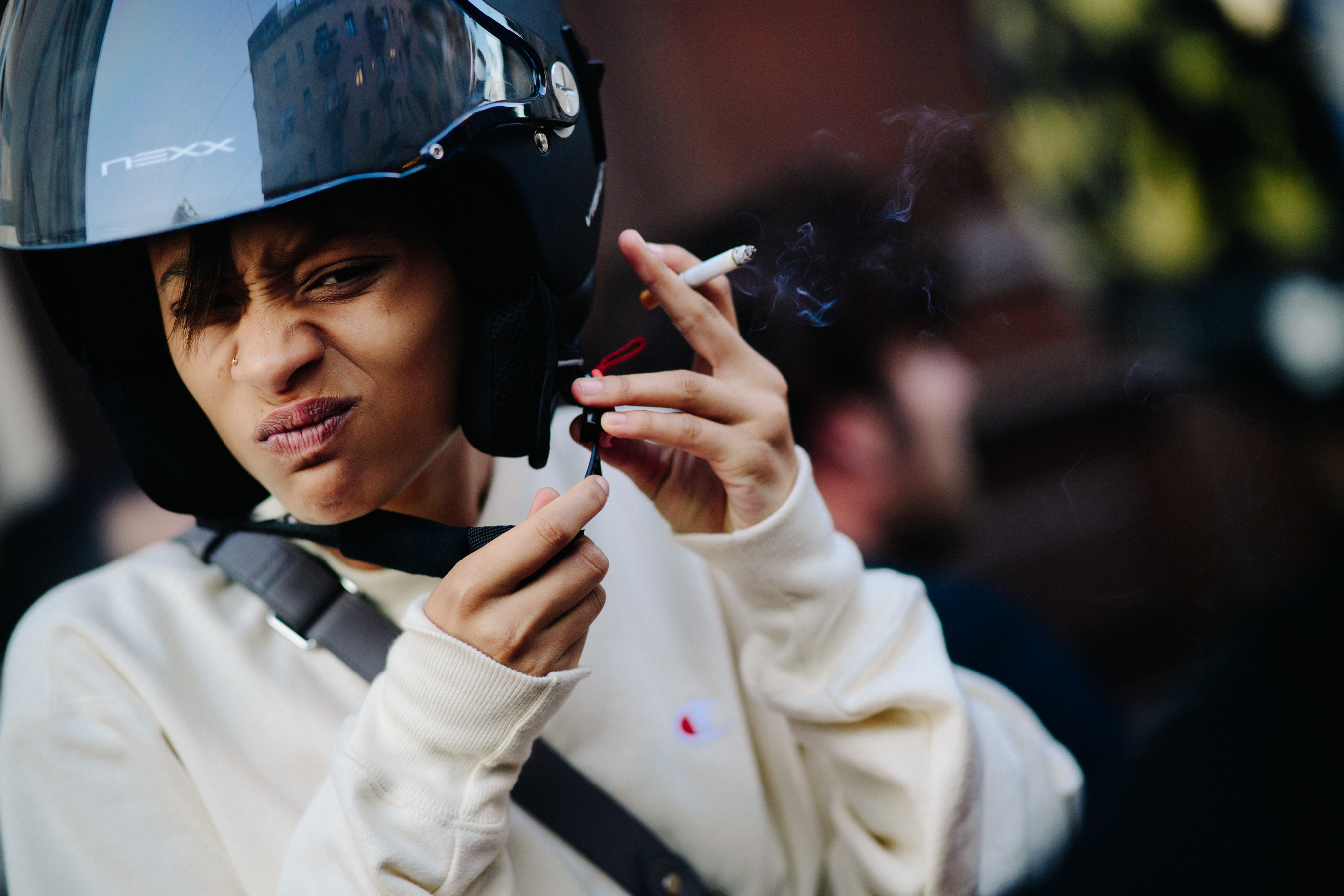 Closeup of model with helmet